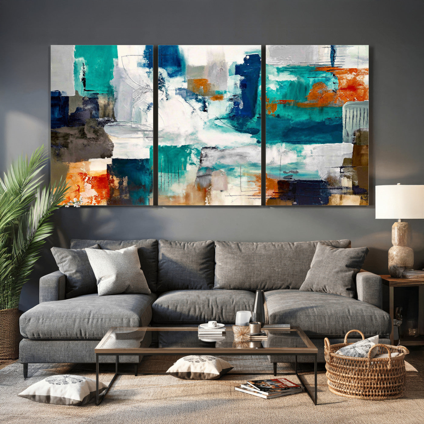 44038089-MGV-CV-36X24 - Blue Teal Abstract Canvas Wall Art, Modern Textured Painting Print, Navy Orange White Contemporary Art, Neutral Living Room Decor, Office Art