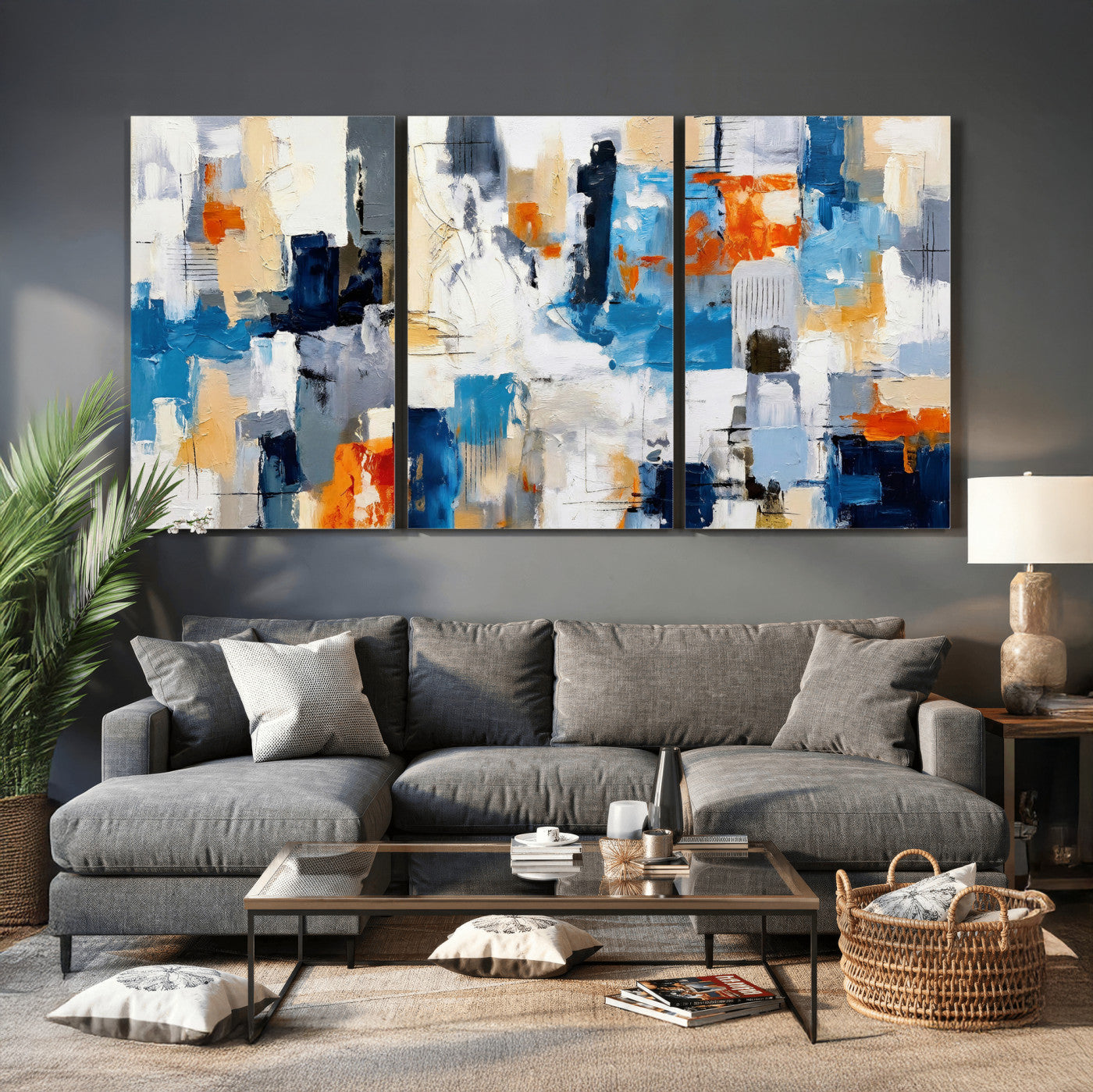 83915061-MGV-CV-36X24 - Blue Teal Abstract Canvas Wall Art, Modern Textured Painting Print, Navy Orange White Contemporary Art, Neutral Living Room Decor, Office Art