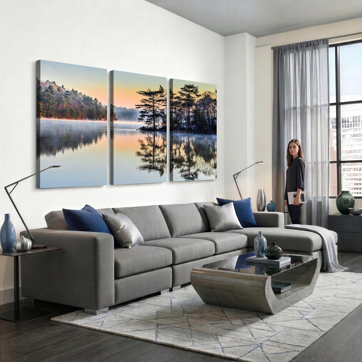 34236027-MGV-CV-36X24 - Before People Wake Canvas Wall Art Print, Misty Lake Sunrise Landscape, Forest Reflection Nature Decor, Ready to Hang