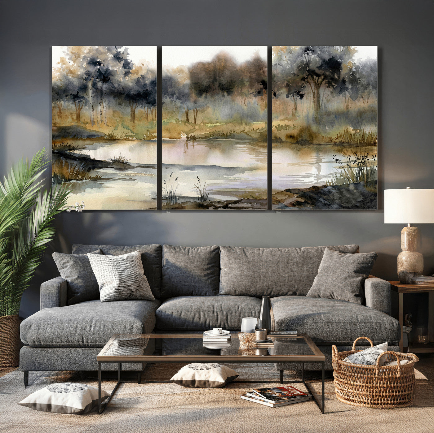 27383609-MGV-CV-36X24 - Abstract WatercolorAutumn Lake Canvas Wall Art Print, Misty Forest Landscape, Rustic Nature Painting, Cabin Wall Decor, Ready to Hang