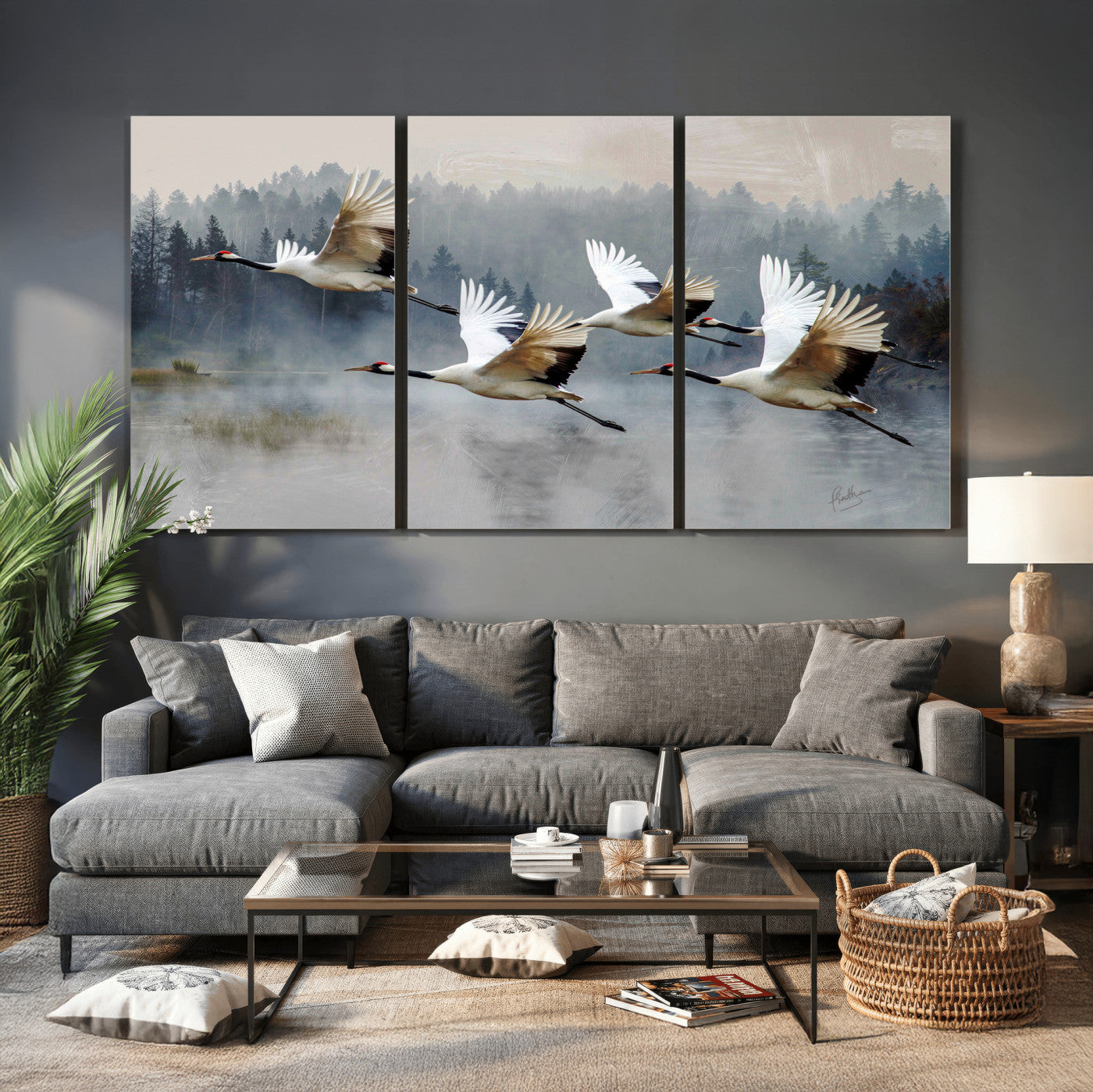 24356826-MGV-CV-36X24 - Flying Crane Canvas Wall Art Print, White Crane Bird Artwork, Wildlife Nature Decor, Lake Landscape Canvas - Ready to Hang