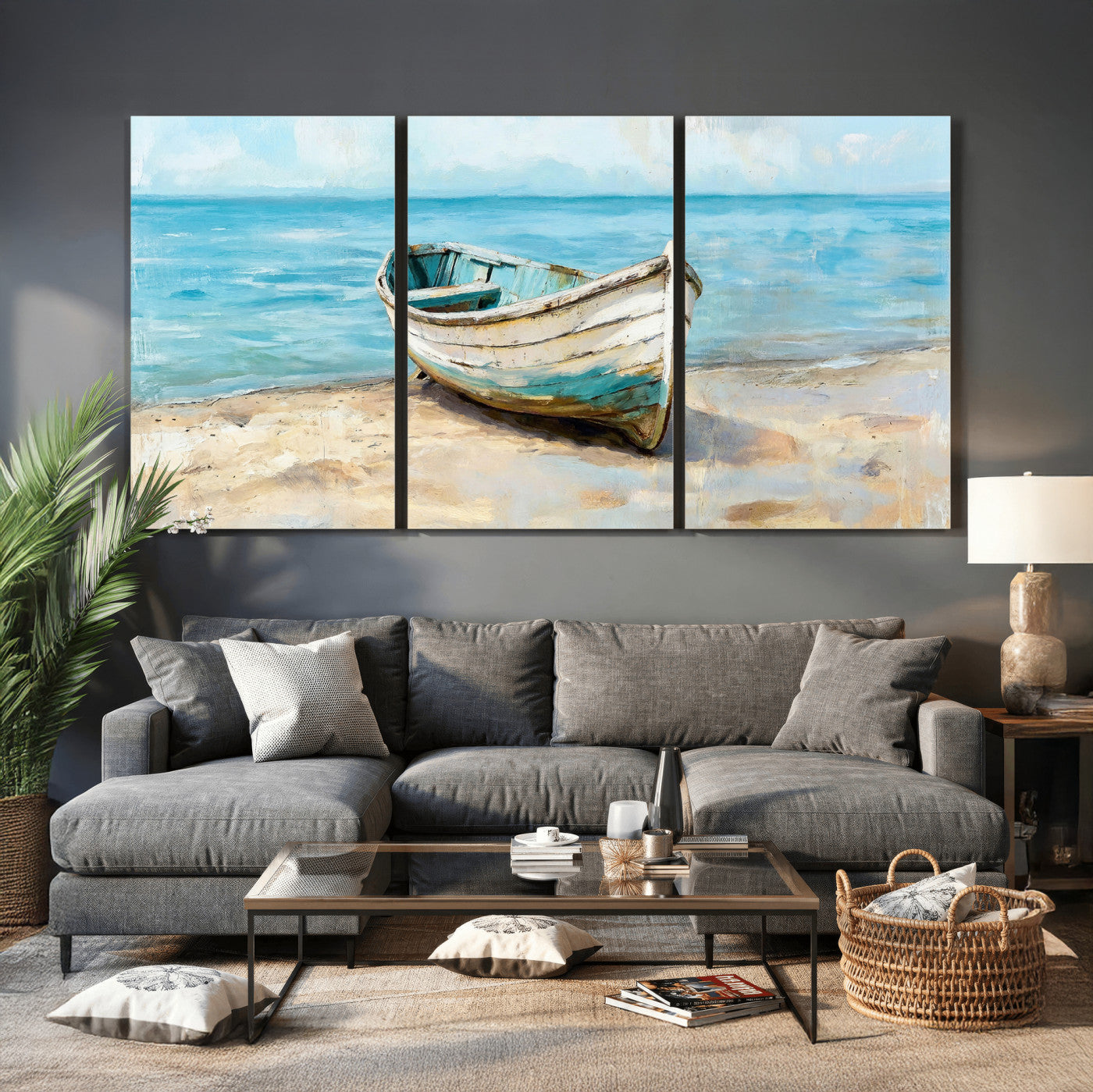 14780565-MGV-CV-36X24 - Coastal Boat Canvas Wall Art Print, Beach Boat Painting, Nautical Ocean Decor, Seascape Wall Art - Ready to Hang