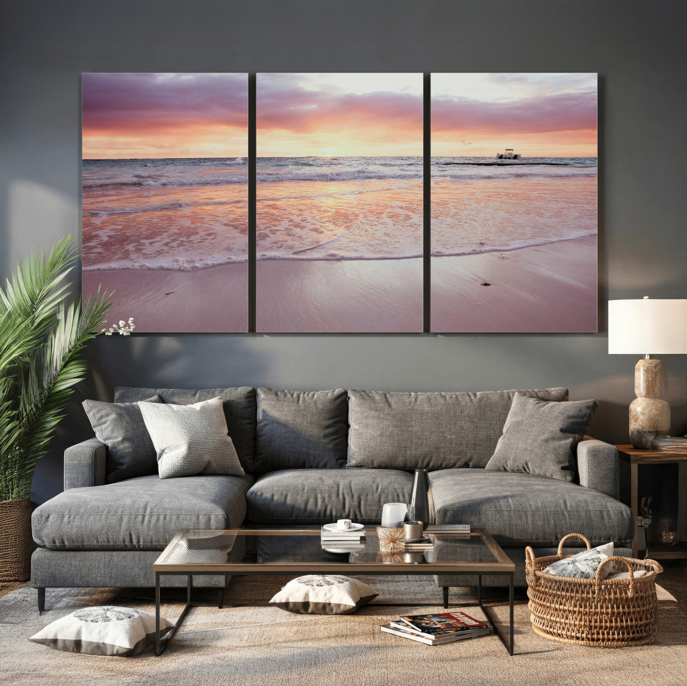 44765395-MGV-CV-36X24 - Beach Sunset Canvas Wall Art Print - Ocean Waves Landscape, Coastal Photography, Seascape Wall Decor, Ready to Hang