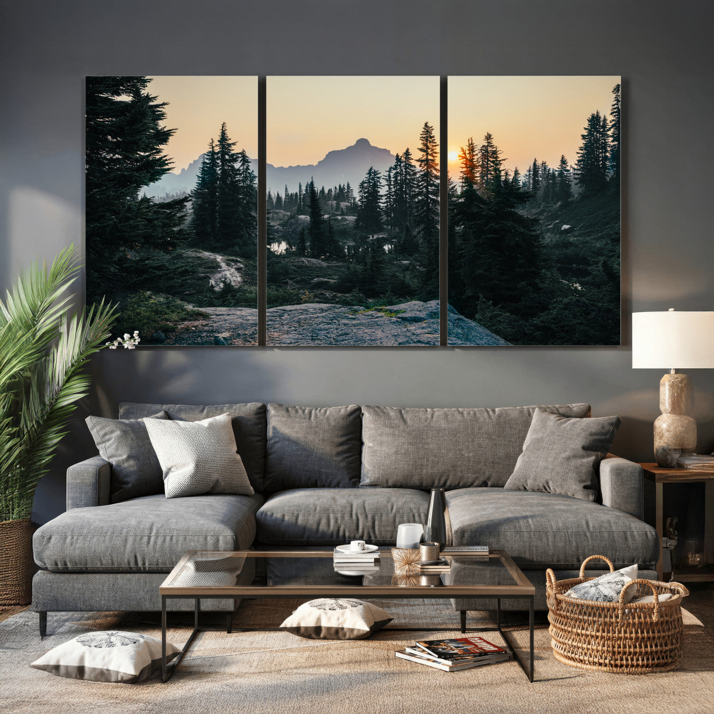89996020-MGV-CV-36X24 - Mountain Forest Canvas Wall Art Print - Pine Tree Landscape, Sunset Nature Photography, Wilderness Wall Decor, Ready to Hang