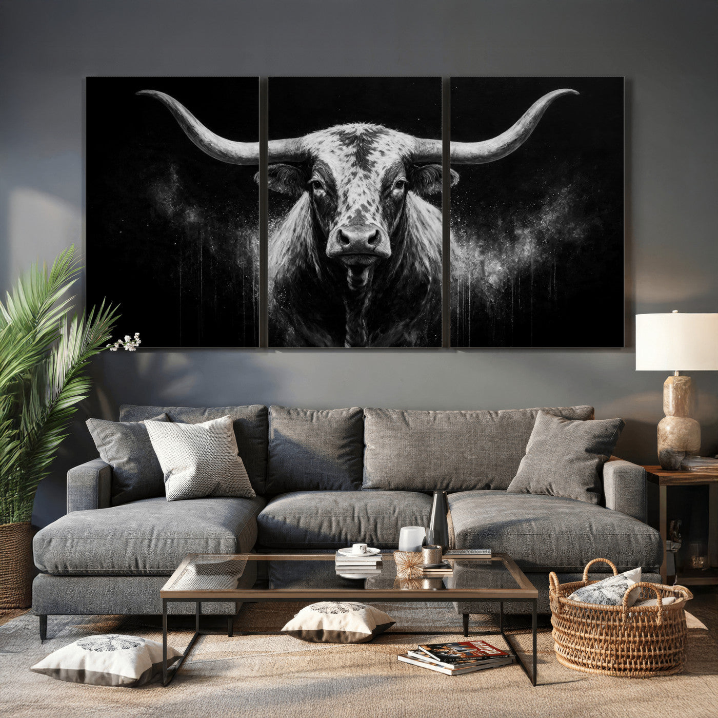 29671077-MGV-CV-60X30-3P - Texas Bull Cow Longhorn Canvas Wall Art Moody Western Bull Oil Painting Print