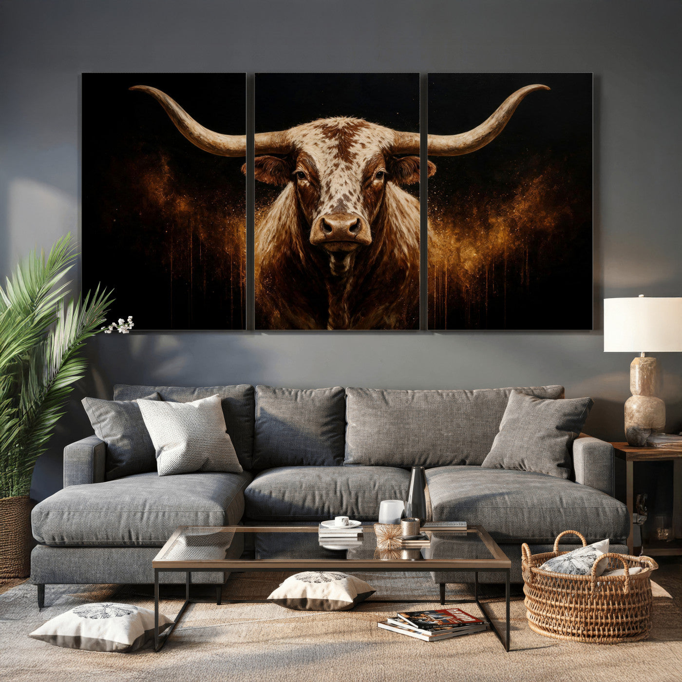 62076449-MGV-CV-48X32-3P - Texas Bull Cow Longhorn Canvas Wall Art Moody Western Bull Oil Painting Print
