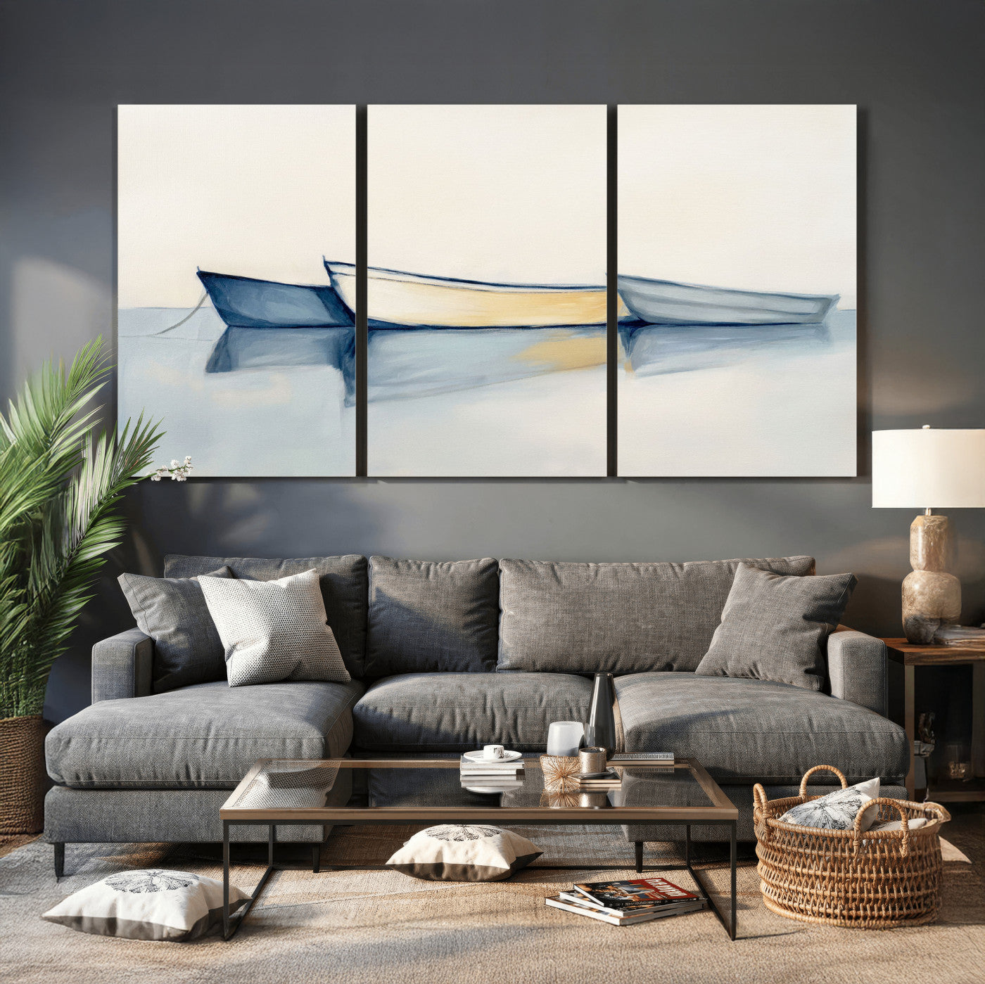 84017361-MGV-CV-36X24 - Abstract Three Boats Reflecting on Water Wall Art Canvas Print - Minimalist Coastal Seascape
