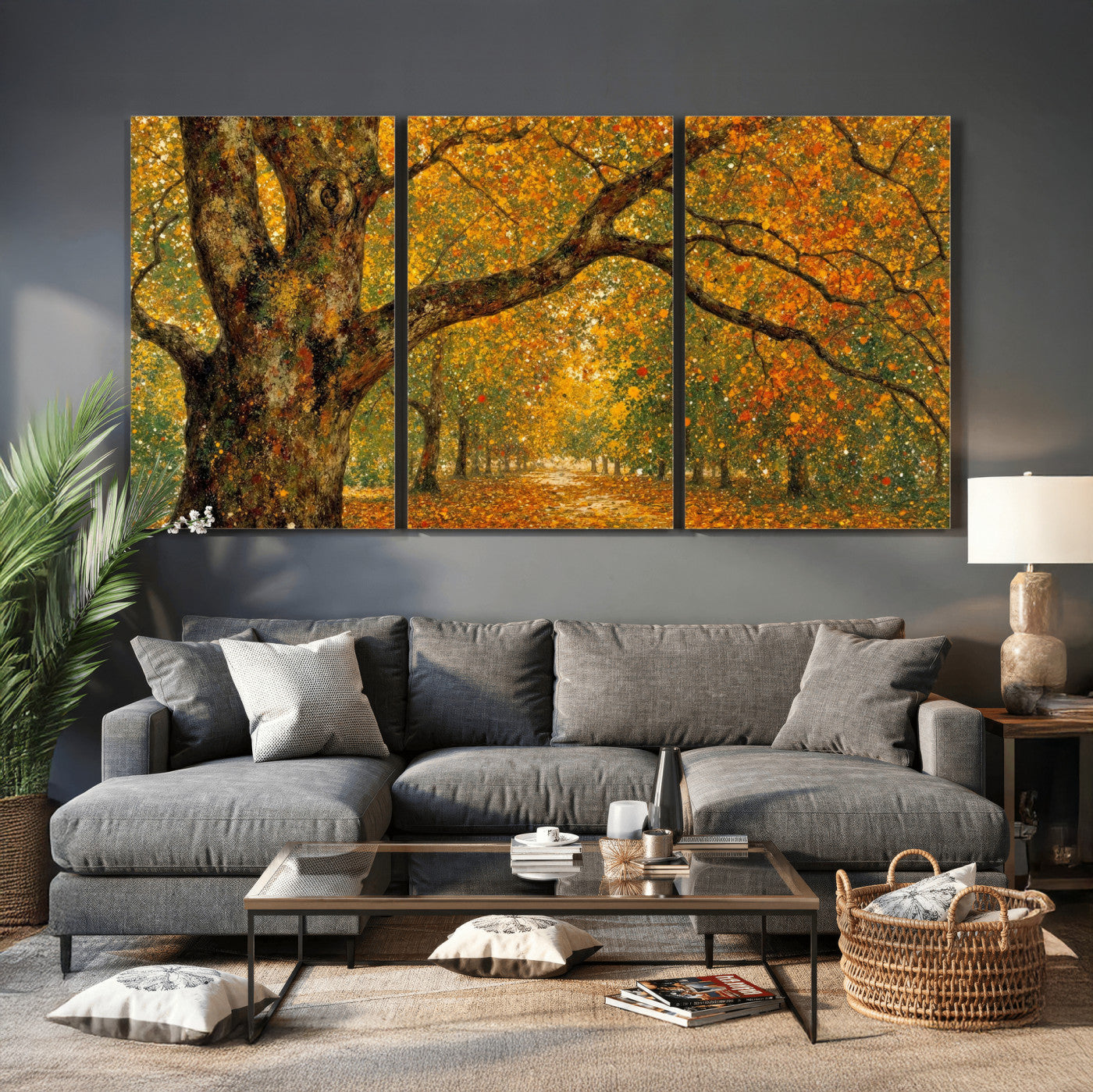 11536138-MGV-CV-36X24 - Vintage Autumn Forest Path Wall Art Canvas Print, Golden Leaves Impressionist Painting Print