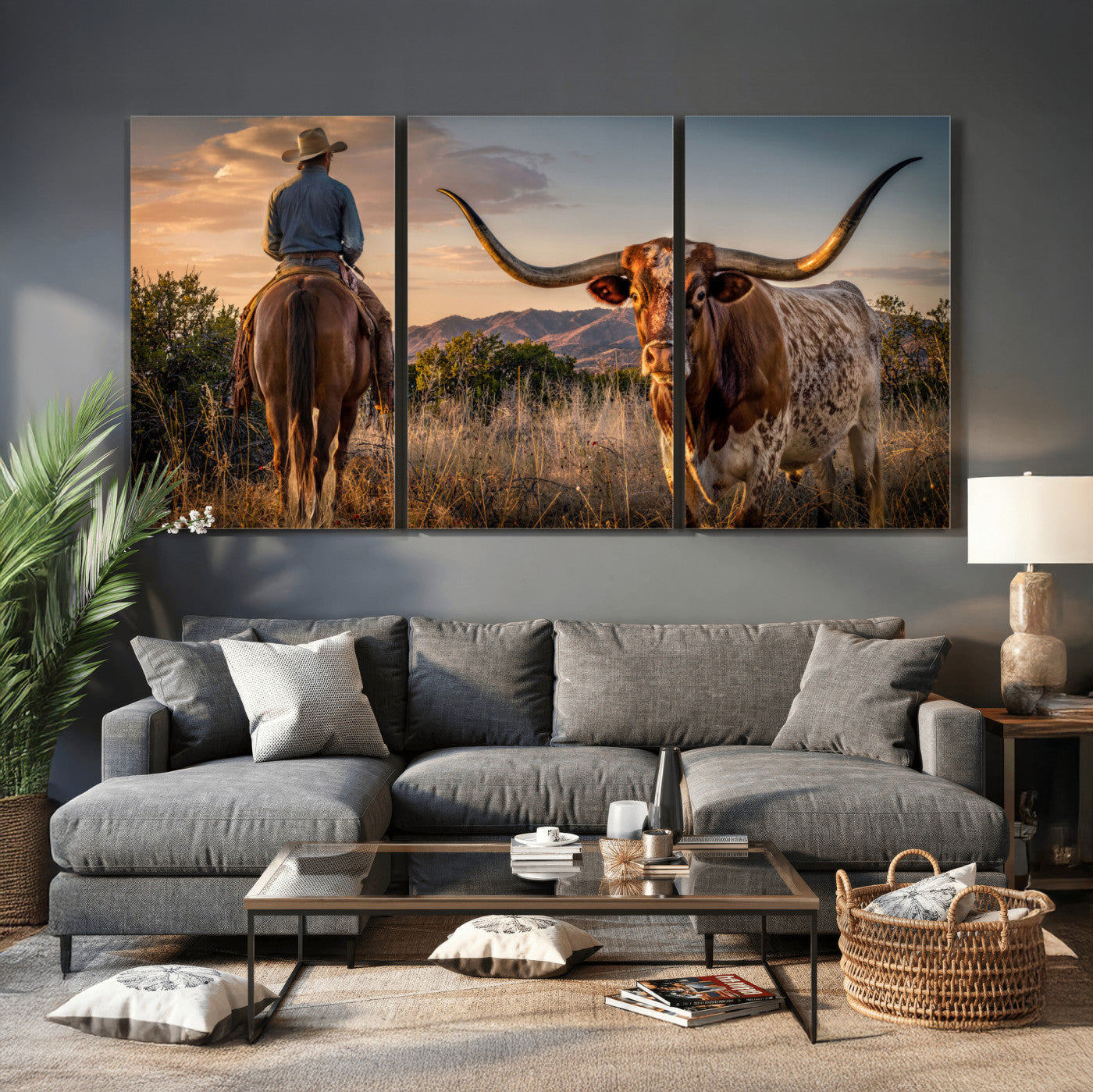 62076449-MGV-CV-60X30-3P - Texas Cow Bull Longhorn Cowboy Western Wall Art Decor for Farmhouse