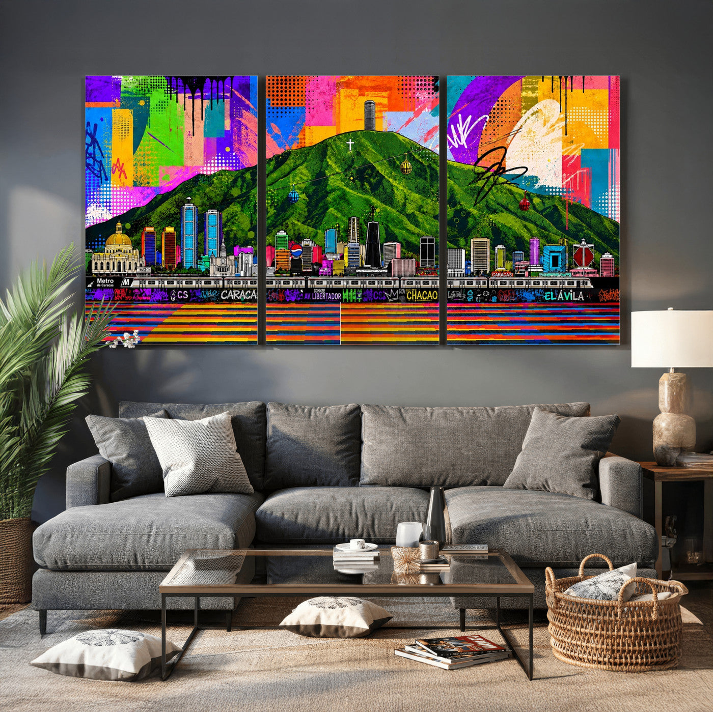 86696255-MGV-CV-36X24 - Mount Ávila, Caracas, Venezuela Wall Art Print by Artist Yorlette - Graffiti Caracas Skyline Canvas Art, Colorful Street Artwork - Venezuela El Avila Poster Print