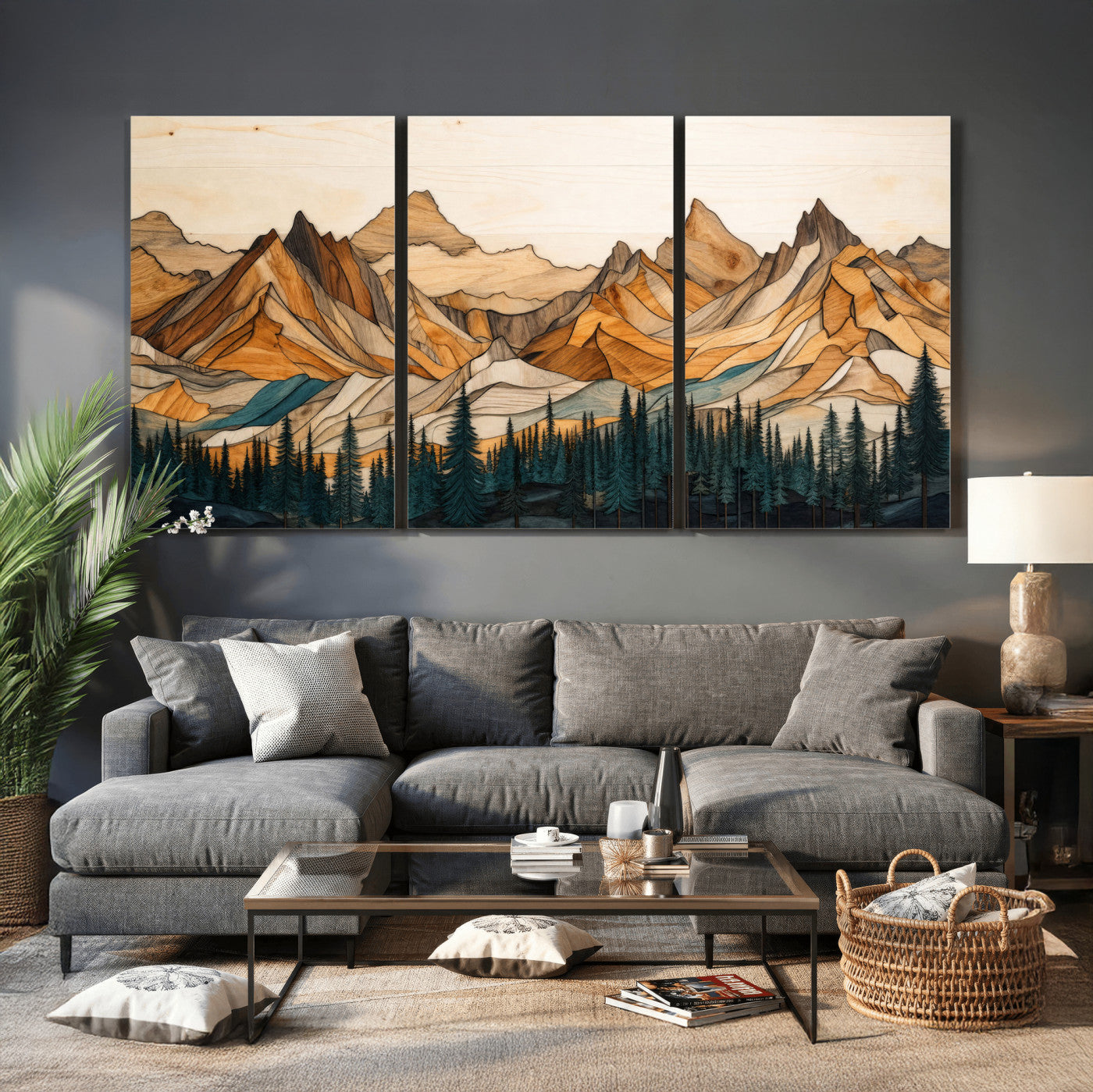 57384313-MGV-CV-60X30-3P - Mountain Landscape Canvas Wall Art with Wood Grain Effect, Golden Peaks and Teal Pine Forest, Framed Cabin Decor