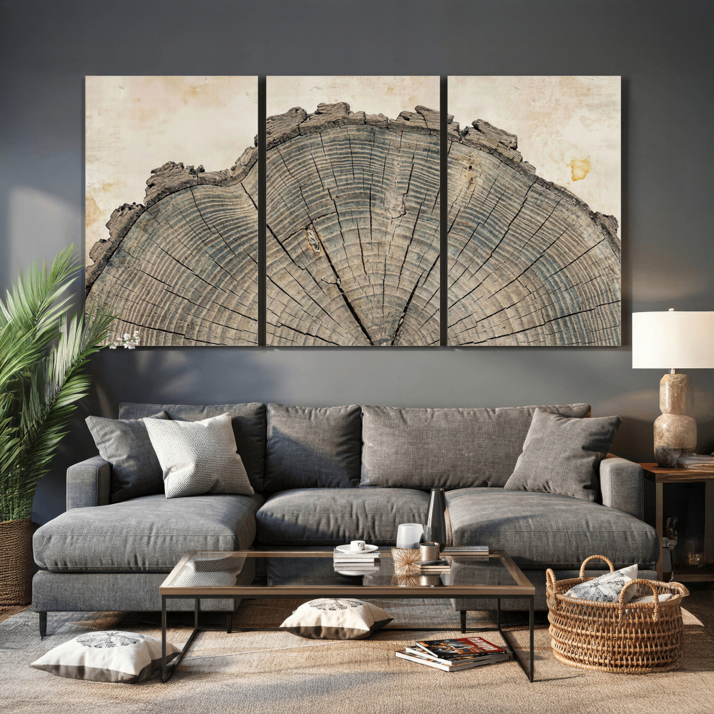 34201080-MGV-CV-60X30-3P - Tree Ring Canvas Wall Art in Neutral Earth Tones, Framed Wood Slice Print for Rustic and Japandi Interiors