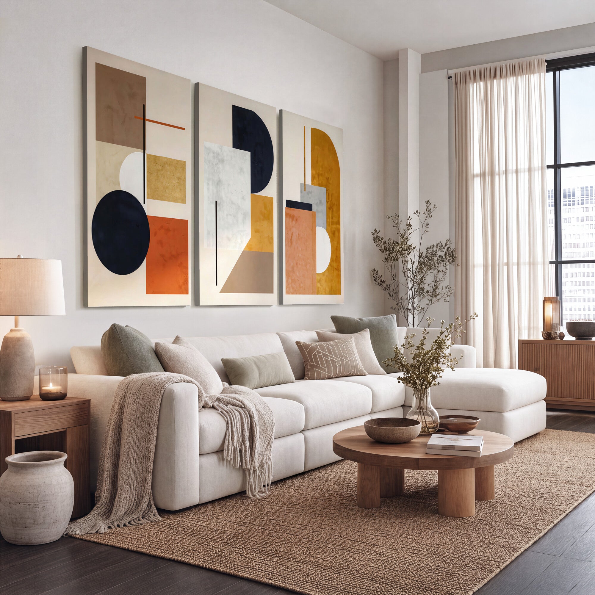 87361249-MGV-CV-48X32-3P - Mid Century Modern Geometric Canvas Wall Art, Abstract Triptych Print