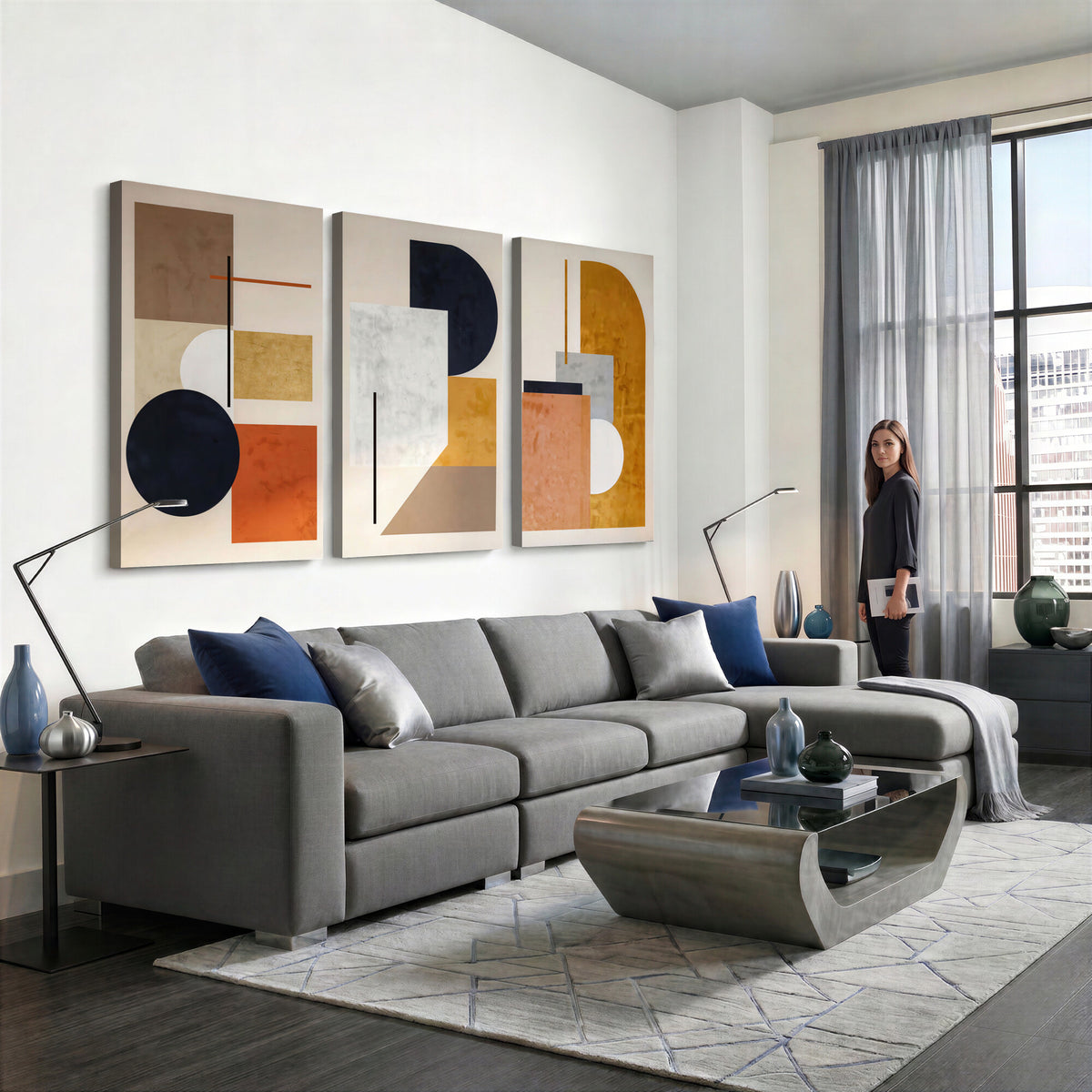 87361249-MGV-CV-48X32-3P - Mid Century Modern Geometric Canvas Wall Art, Abstract Triptych Print
