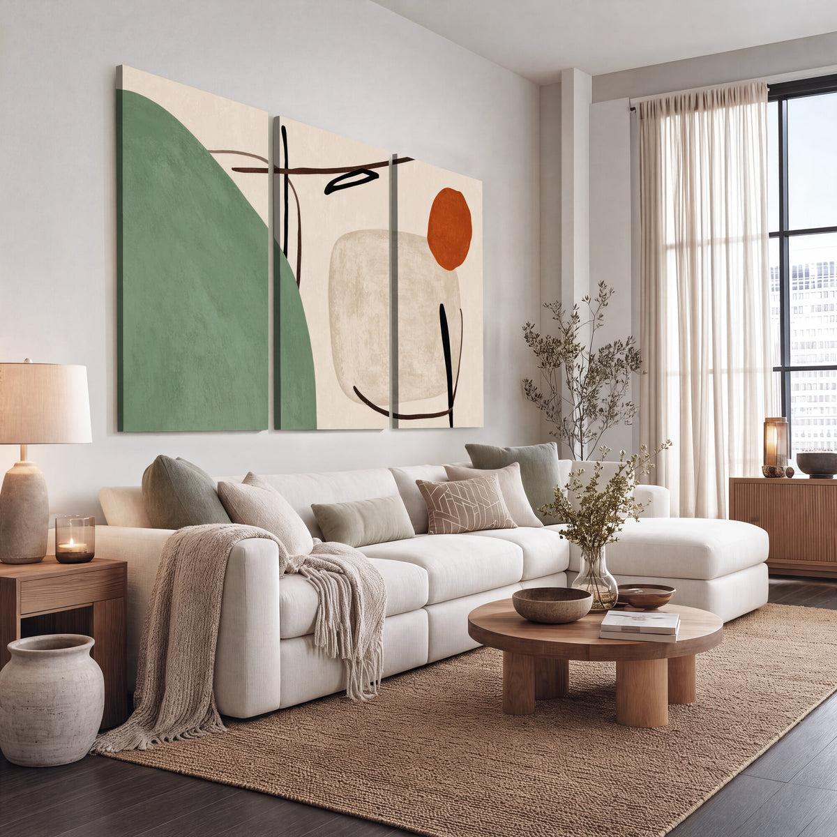 46798824-MGV-CV-48X32-3P - Mid Century Modern Geometric Canvas Wall Art, Abstract Triptych Print