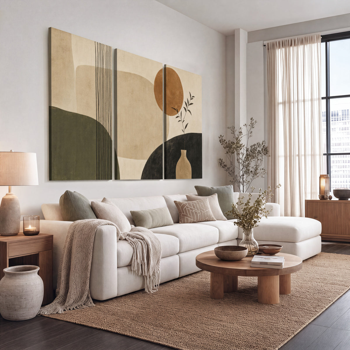 85289499-MGV-CV-60X30-3P - Boho Abstract Sun Canvas Wall Art, Minimalist Sage Green Botanical Print