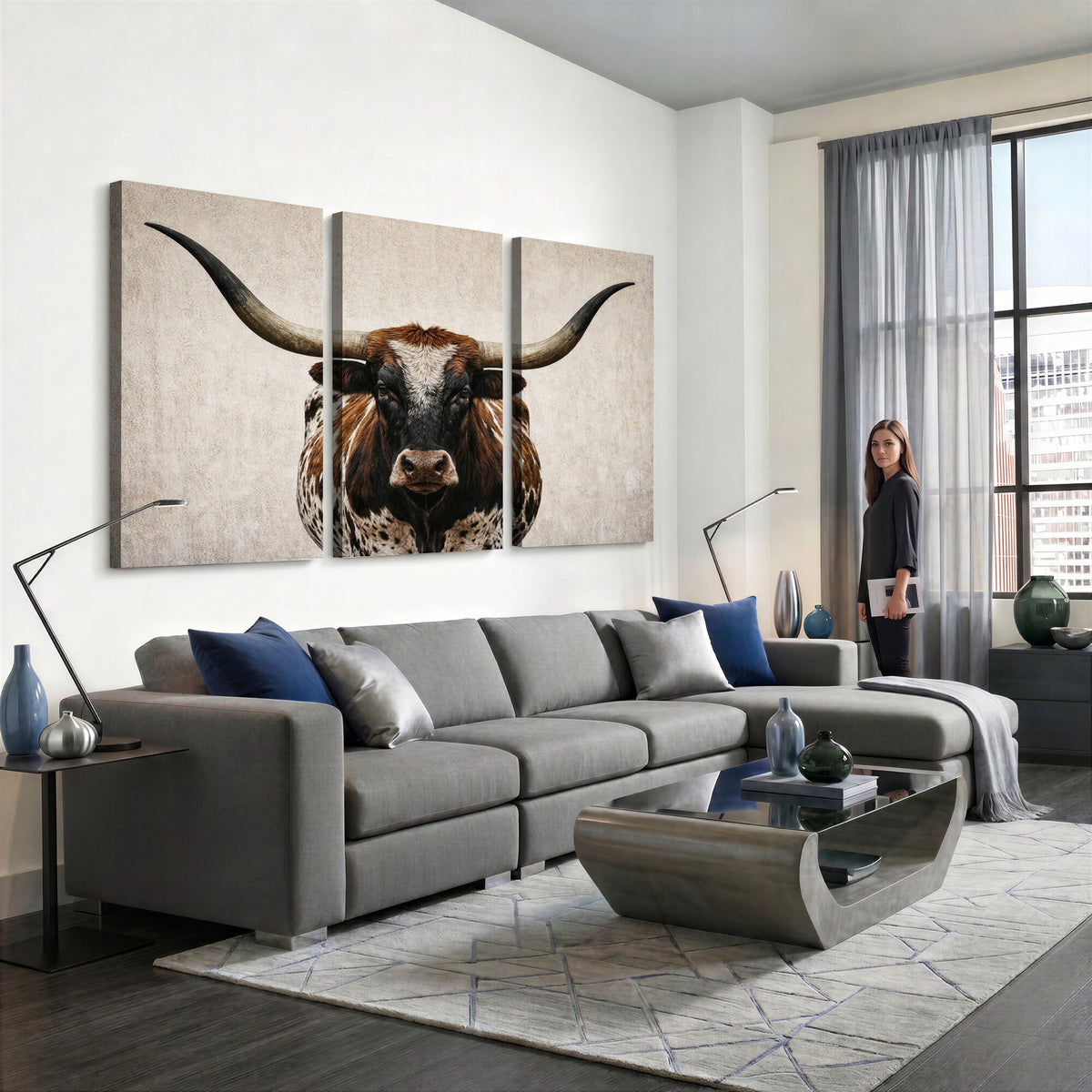 58622065-MGV-CV-36X24 - Texas Longhorn Canvas Wall Art Western Bull Desert Moody Grey Overcast Rustic Farmhouse Framed Large for Living Room Bedroom Office Decor