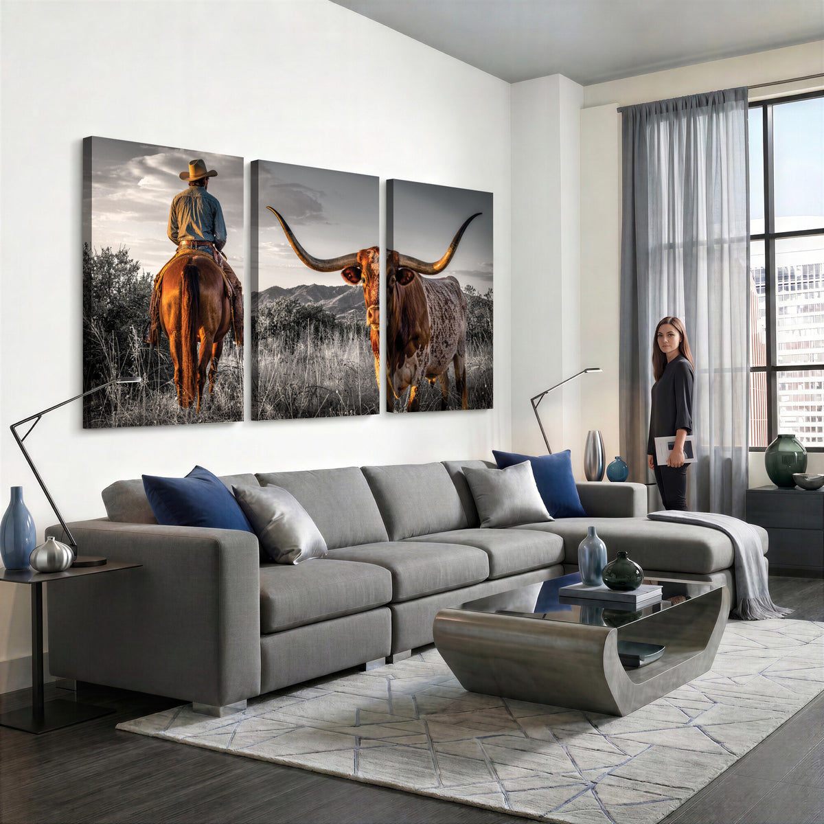 17066920-MGV-CV-60X30-3P - Extra Large Cowboy and Longhorn Wall Art Canvas Print