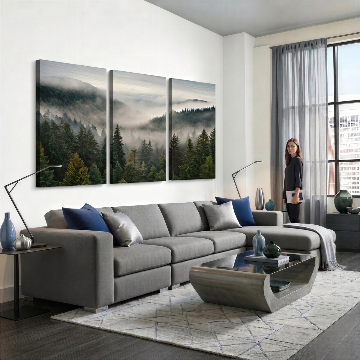38409495-_Poster-30x20 - Misty Pine Valley Mountain Canvas Print 3 Piece Framed Wall Art Extra Large Floating Frame Nature Poster Made in USA