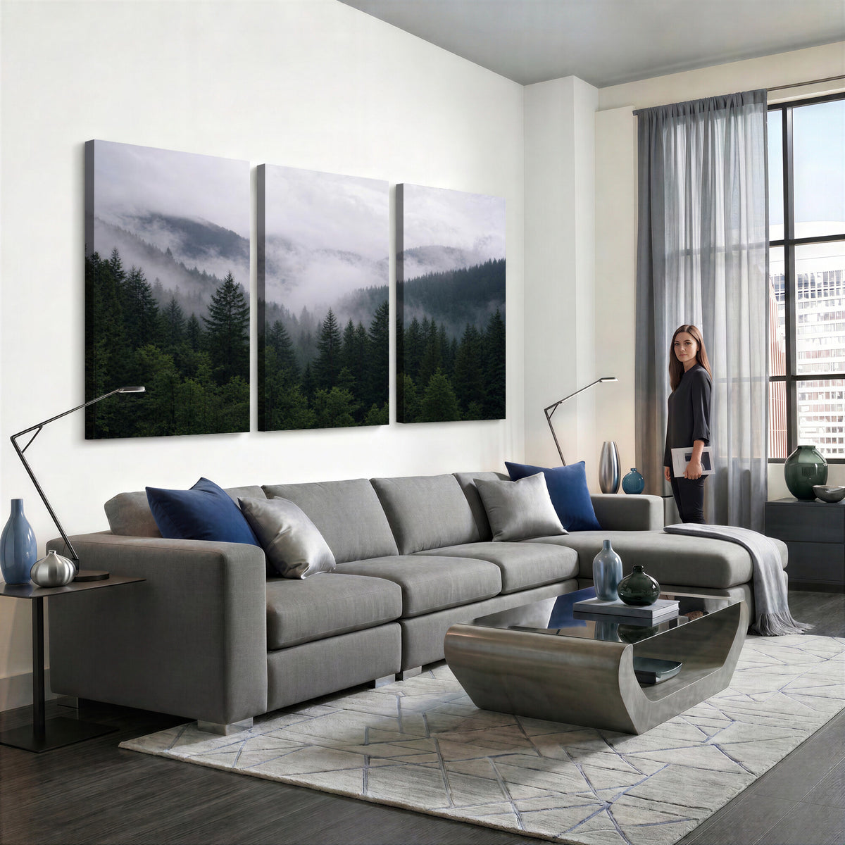 25432119-_Poster-30x20 - Misty Mountain Pine Forest Canvas Print 3 Piece Framed Wall Art Extra Large Floating Frame Nature Poster Made in USA