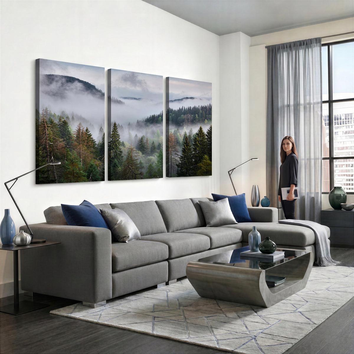 18735847-_Poster-30x20 - Foggy Pine Forest Mountain Canvas Print 3 Piece Framed Wall Art Extra Large Floating Frame Nature Poster Made in USA