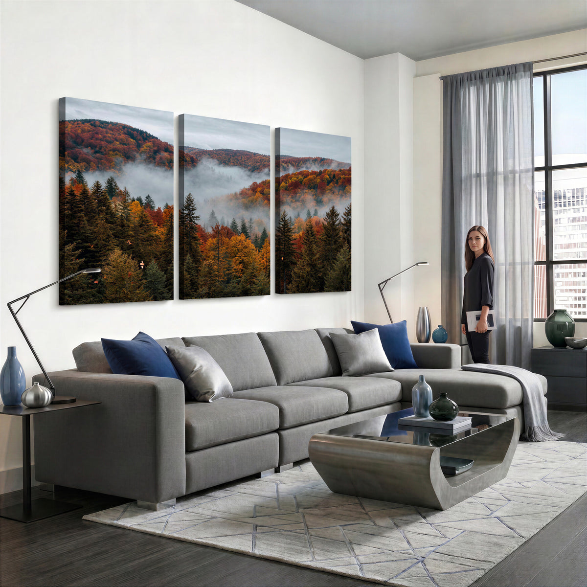 26686263-_Poster-30x20 - Misty Autumn Forest Mountain Canvas Print 3 Panel Wall Art Gallery Wrapped Floating Frame Poster Made in USA