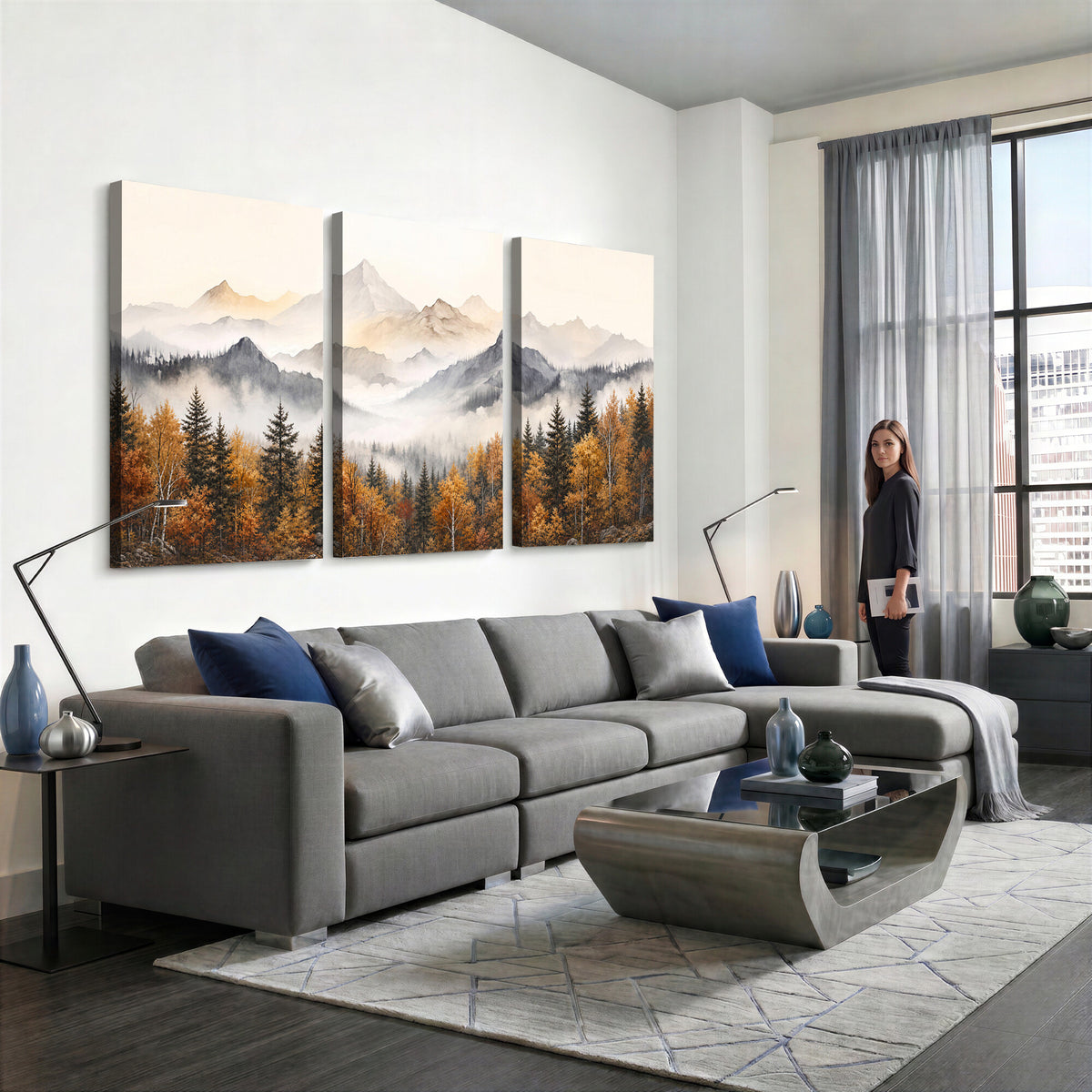 19544118-MGV-TP-30X20 - Misty Mountain Autumn Forest Canvas Wall Art - Watercolor Fall Nature Landscape Print