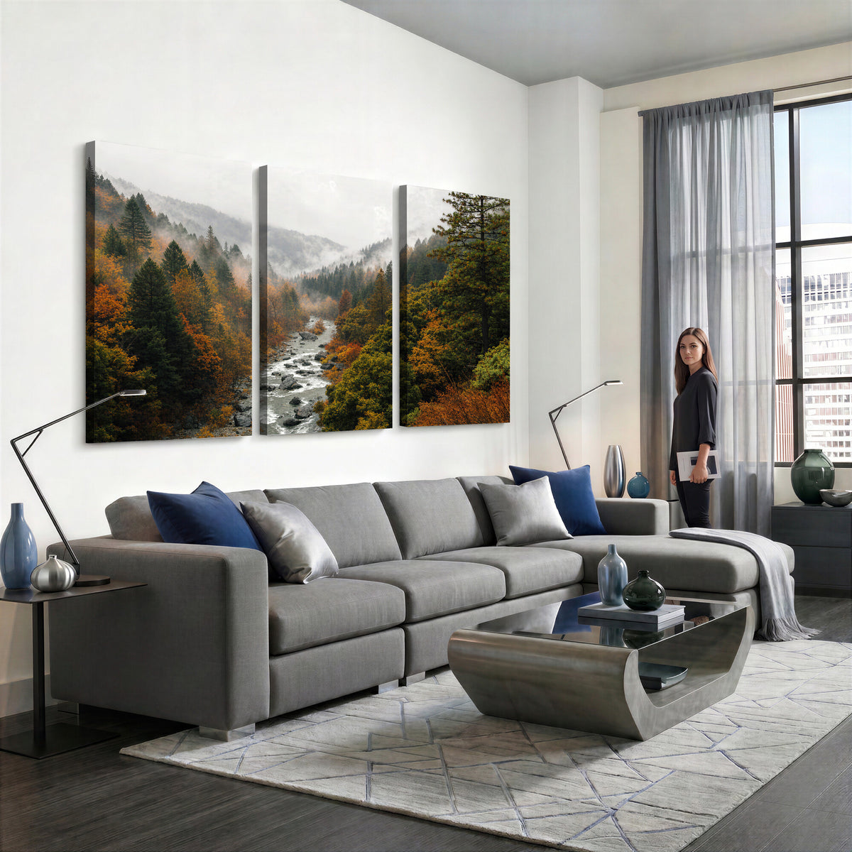 95540697-MGV-TP-30X20 - Misty River Mountain Valley Canvas Wall Art - Autumn Forest Landscape Nature Print