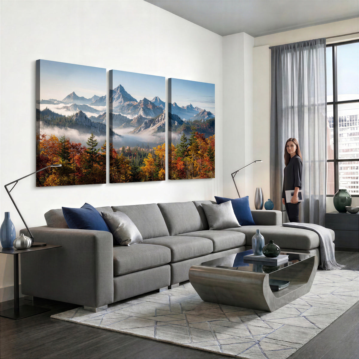 38847944-MGV-TP-30X20 - Majestic Mountain Peak Canvas Wall Art - Panoramic Autumn Forest Fog Landscape Print