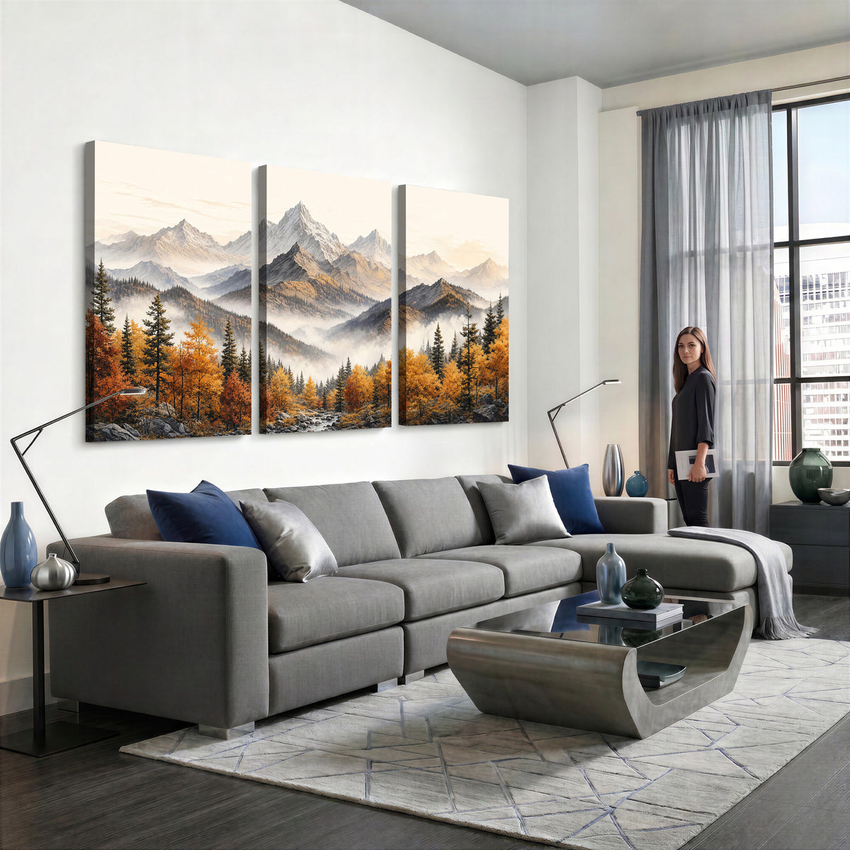 21309099-MGV-TP-30X20 - Extra Large Misty Mountain Autumn Forest Canvas Wall Art - Watercolor Fall Nature Landscape Print