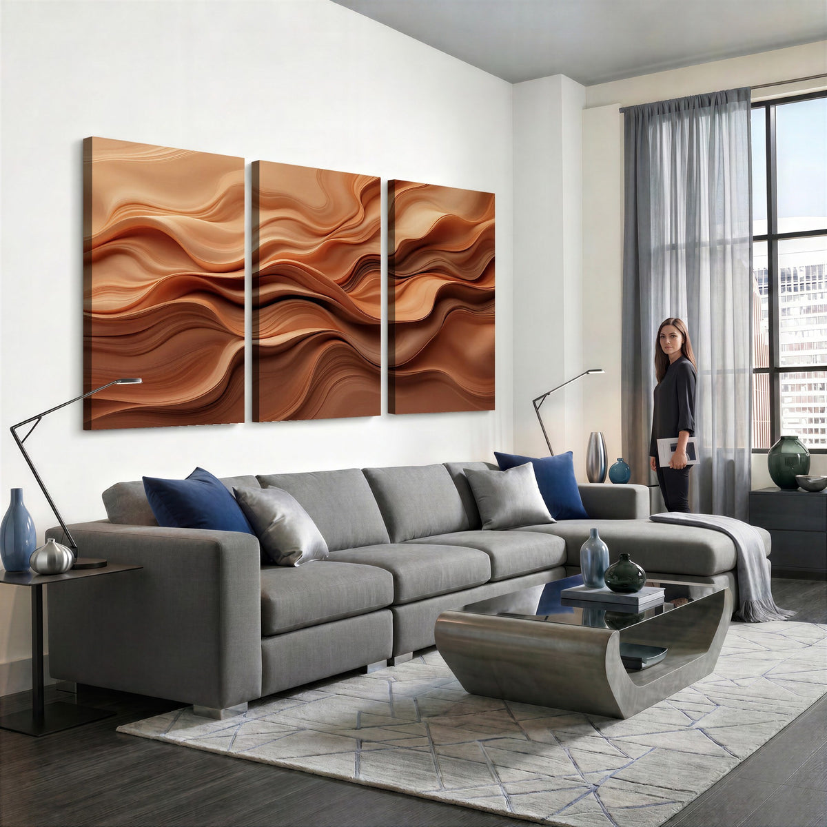 82230697-_Poster-30x20 - Modern Abstract Fluid Waves Canvas Wall Art - Minimalist Warm Terracotta Beige Sand Print