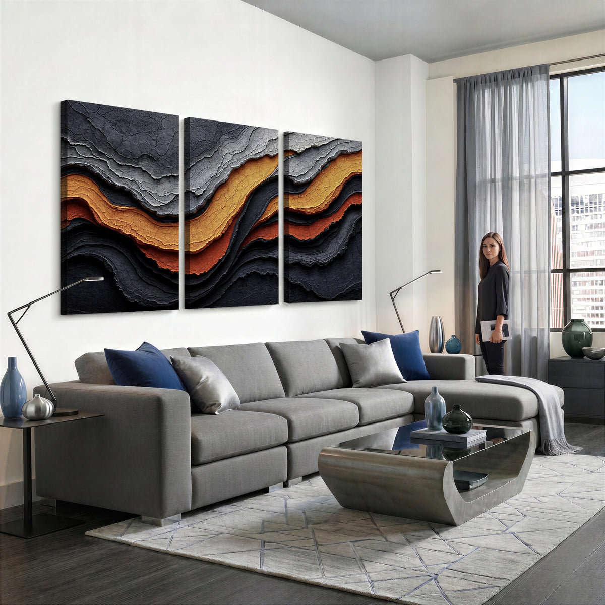 59852489-MGV-CV-36X24 - Abstract Waves Canvas Wall Art - Modern Terracotta and Charcoal Gray Print
