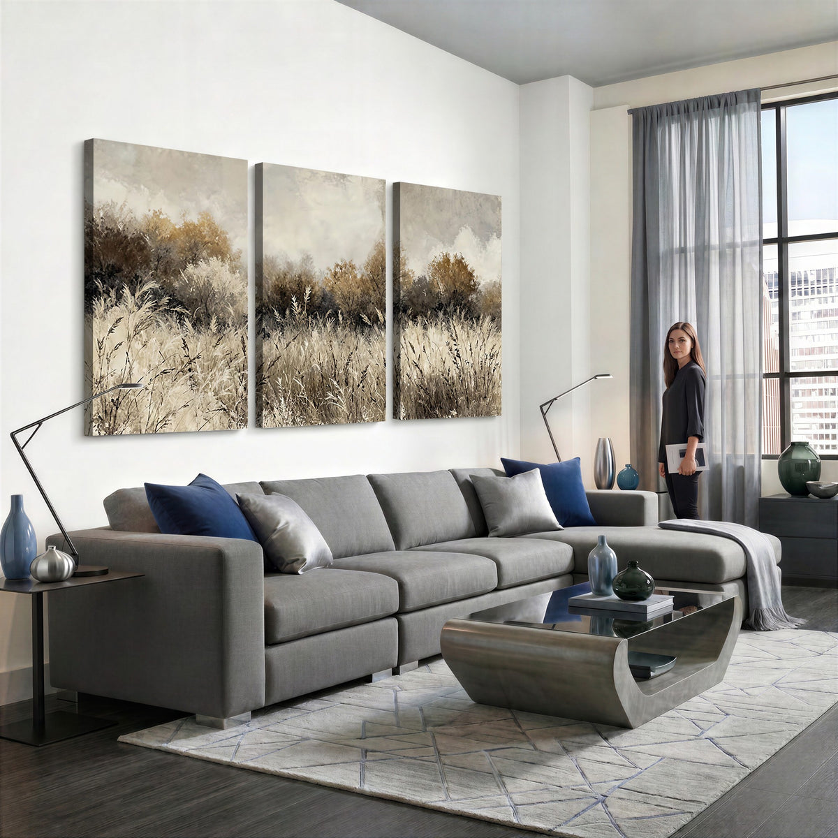 53959945-_Poster-30x20 - Muted Neutral Forest Landscape Canvas Wall Art - Vintage Rustic Wildflower Meadow Print