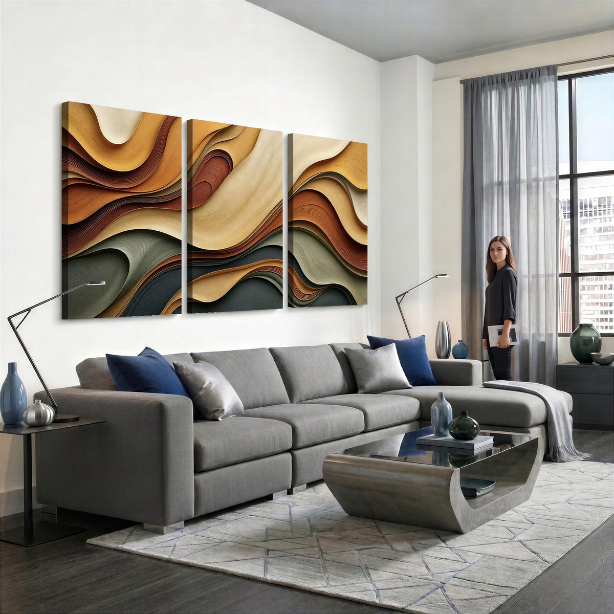 19337902-_Poster-30x20 - Modern Abstract Waves Canvas Wall Art - Minimalist Earthy Tone Living Room Decor