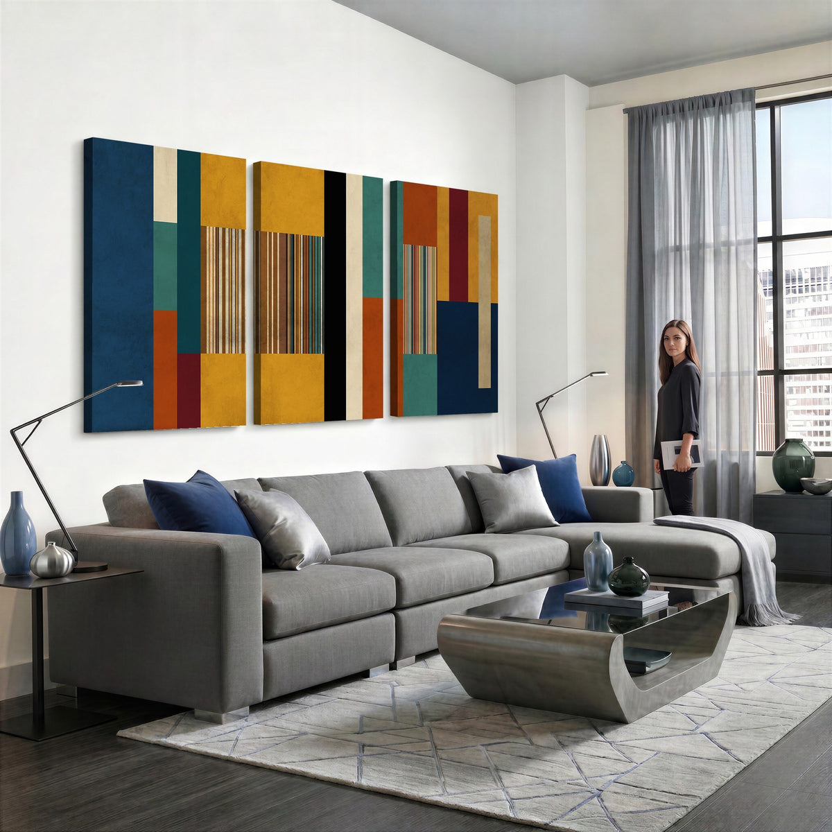 53992657-MGV-CV-48X32-3P - Mid Century Abstract Color Block Canvas Wall Art, Geometric Striped Canvas Print