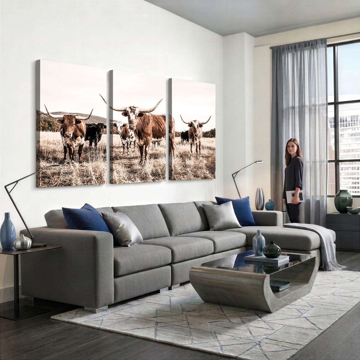 25234808-MGV-CV-48X32-3P - Texas Longhorn Cattle Canvas Wall Art, Western Ranch Home Decor
