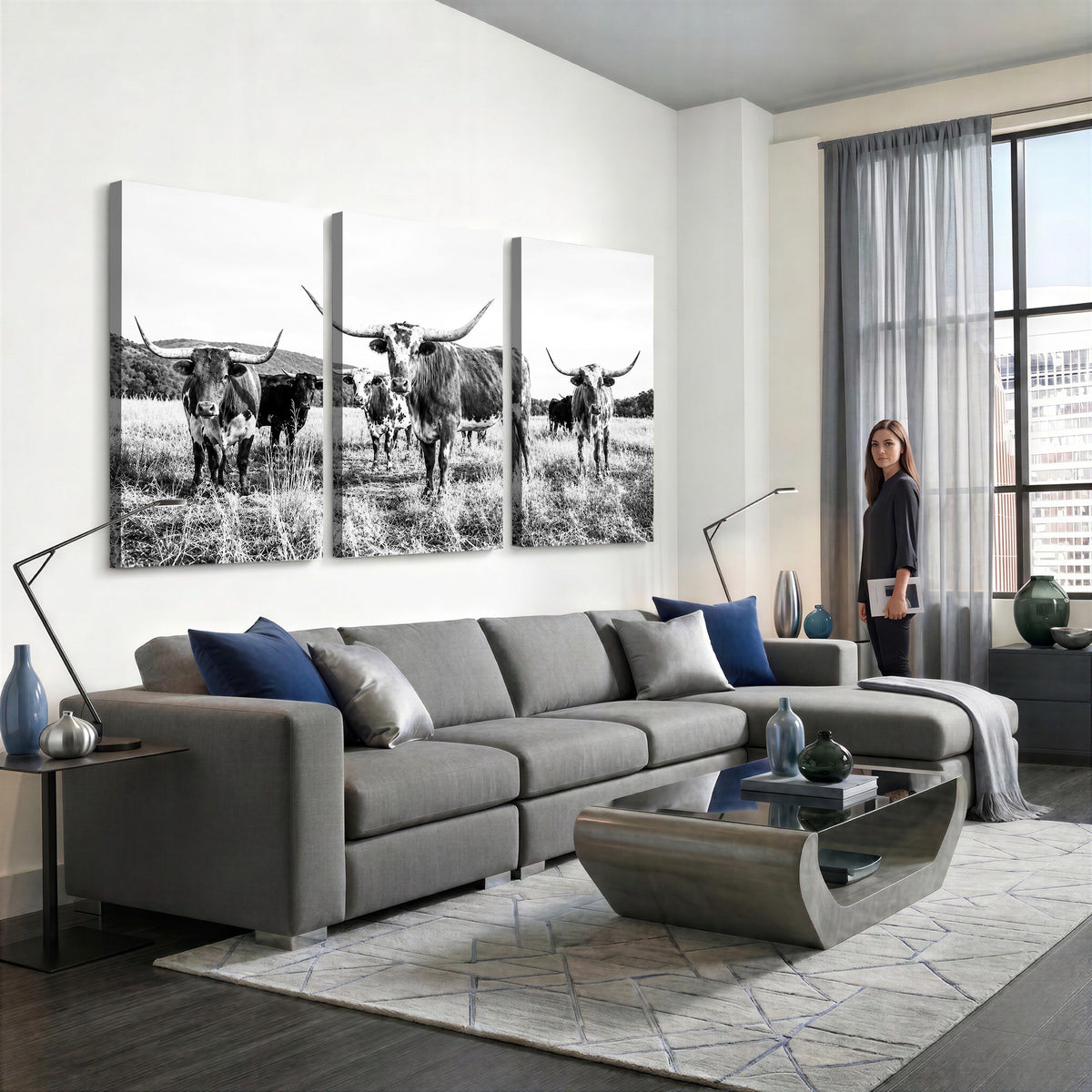 73228277-MGV-CV-48X32-3P - Black and White Longhorn Cattle Canvas Print, Western Ranch Wall Decor