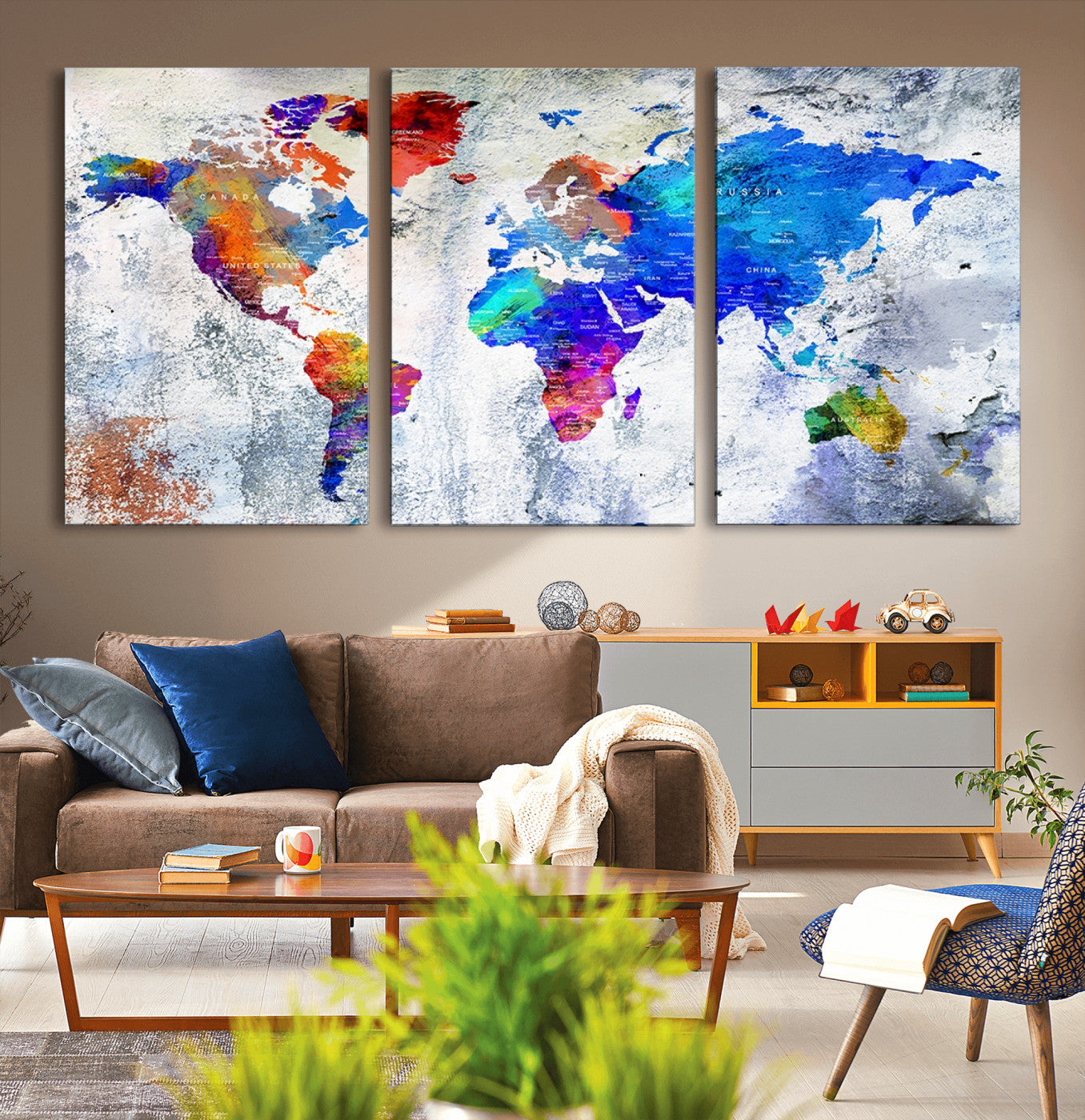 27352-MGV-CV-36X24-World Map Canvas Print – Colorful Abstract Push Pin Travel Map, Framed Wall Art for Home or Office Decor