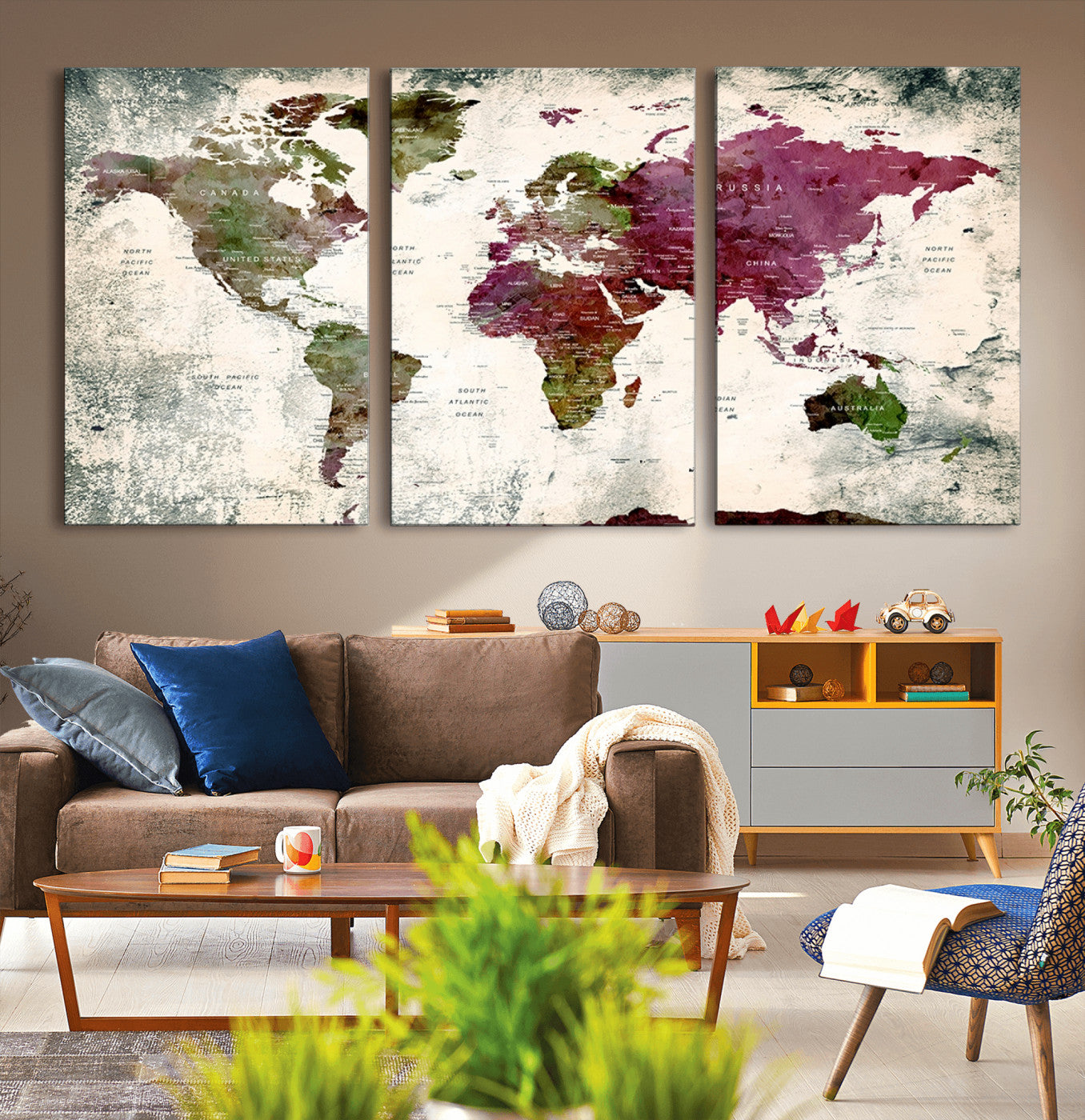 39882-MGV-CV-36X24-Vintage Watercolor Push Pin World Map Canvas – Framed Travel Wall Art for Home and Office Decor