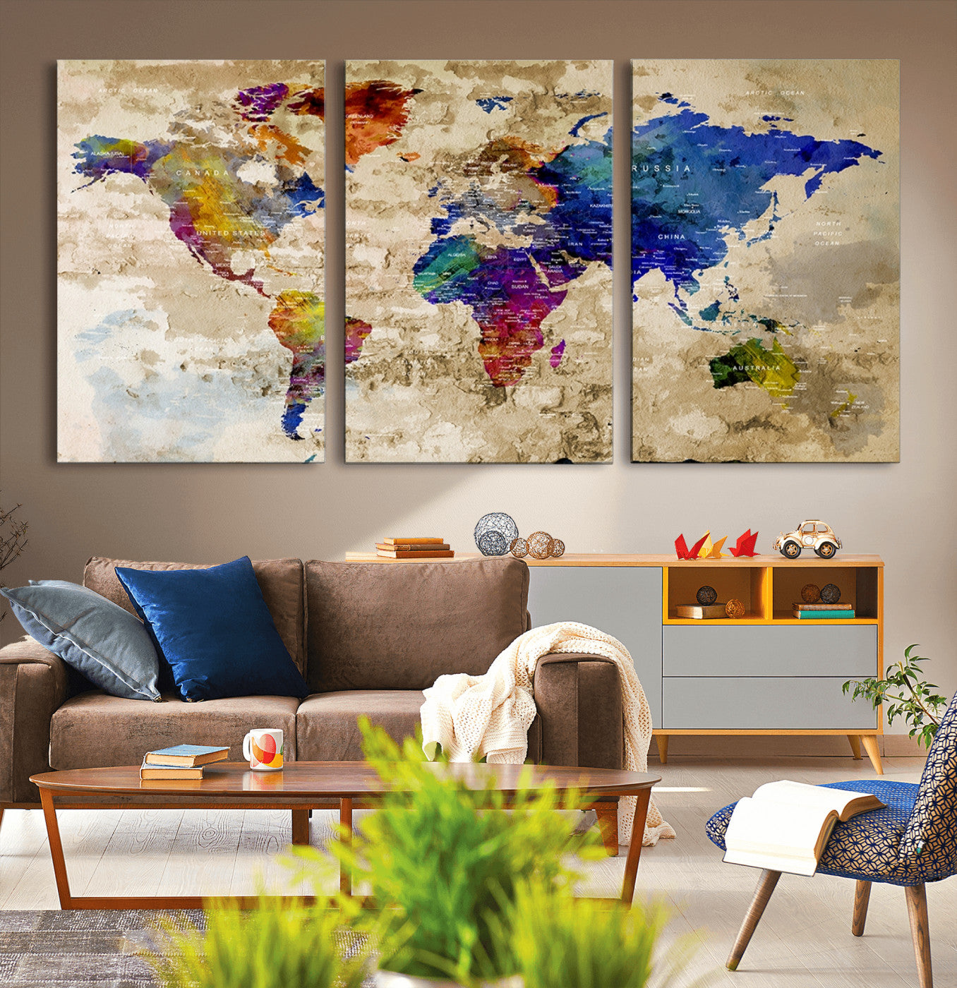 92939-MGV-CV-36X24-Colorful World Map Canvas Wall Art – Abstract Watercolor Map Print, Modern Travel Decor for Home Office or Study