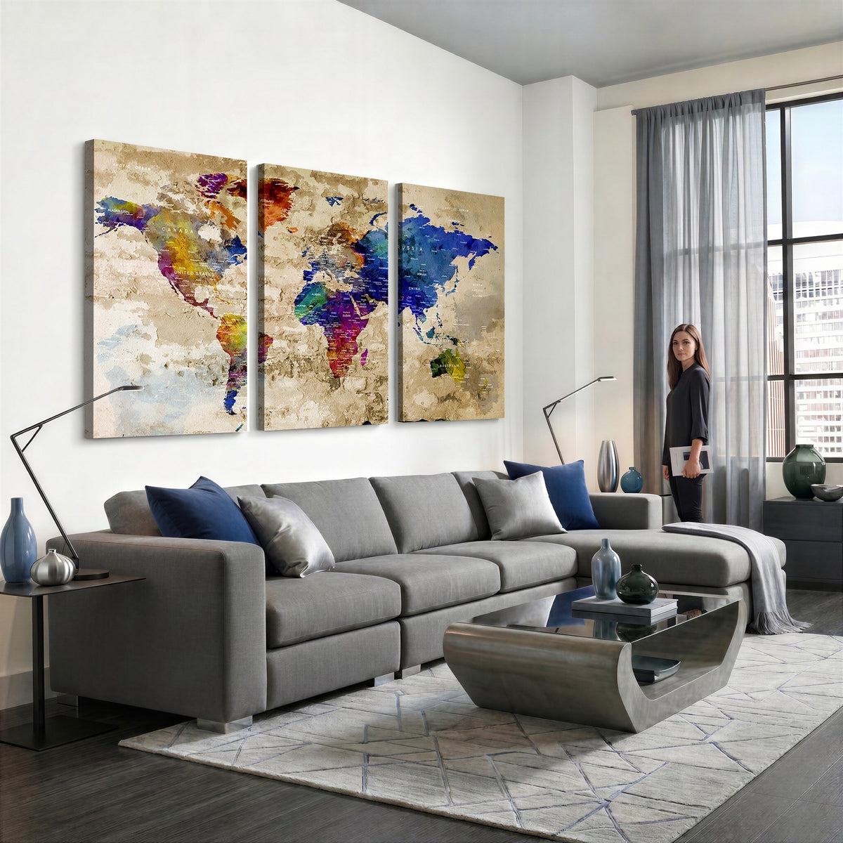 Colorful World Map Canvas Wall Art | Abstract Watercolor Map Print
