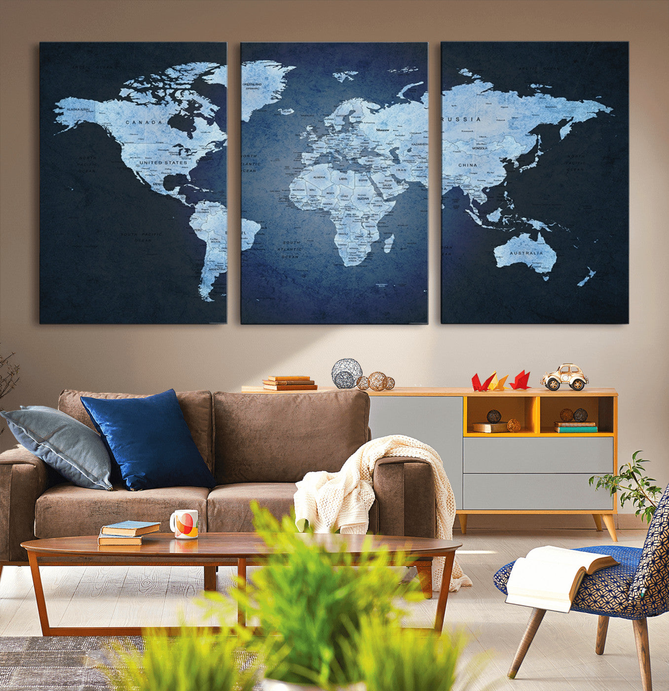 26249-MGV-CV-36X24-Blue World Map Canvas Wall Art – Framed Modern Push Pin Travel Map for Home and Office Decor, Elegant Navy Global Wall Artwork for Travelers