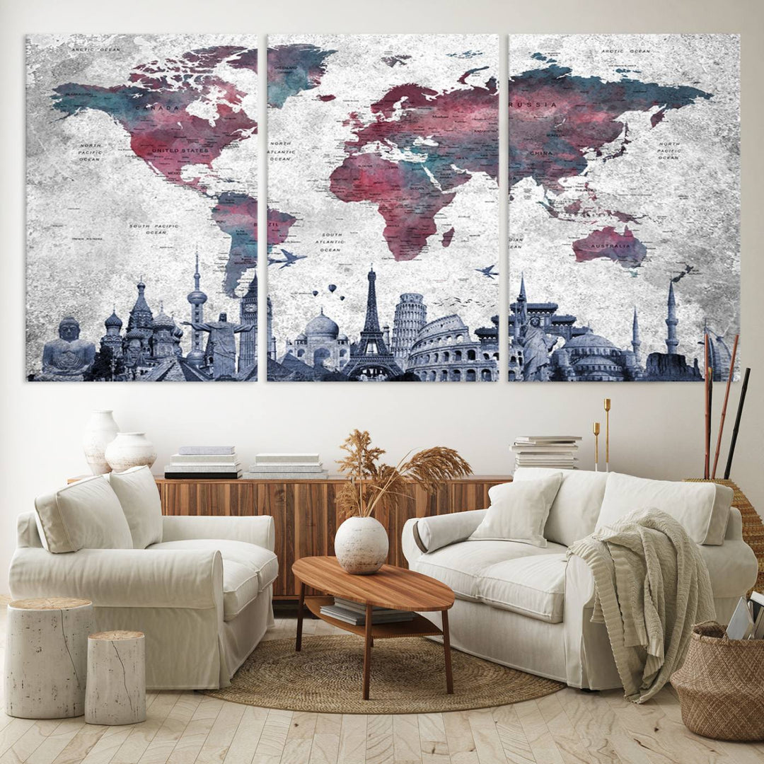 The dining room features a Blue Multipanel World Map Wall Art Canvas Print that adorns the wall, highlighting its neutral decor.