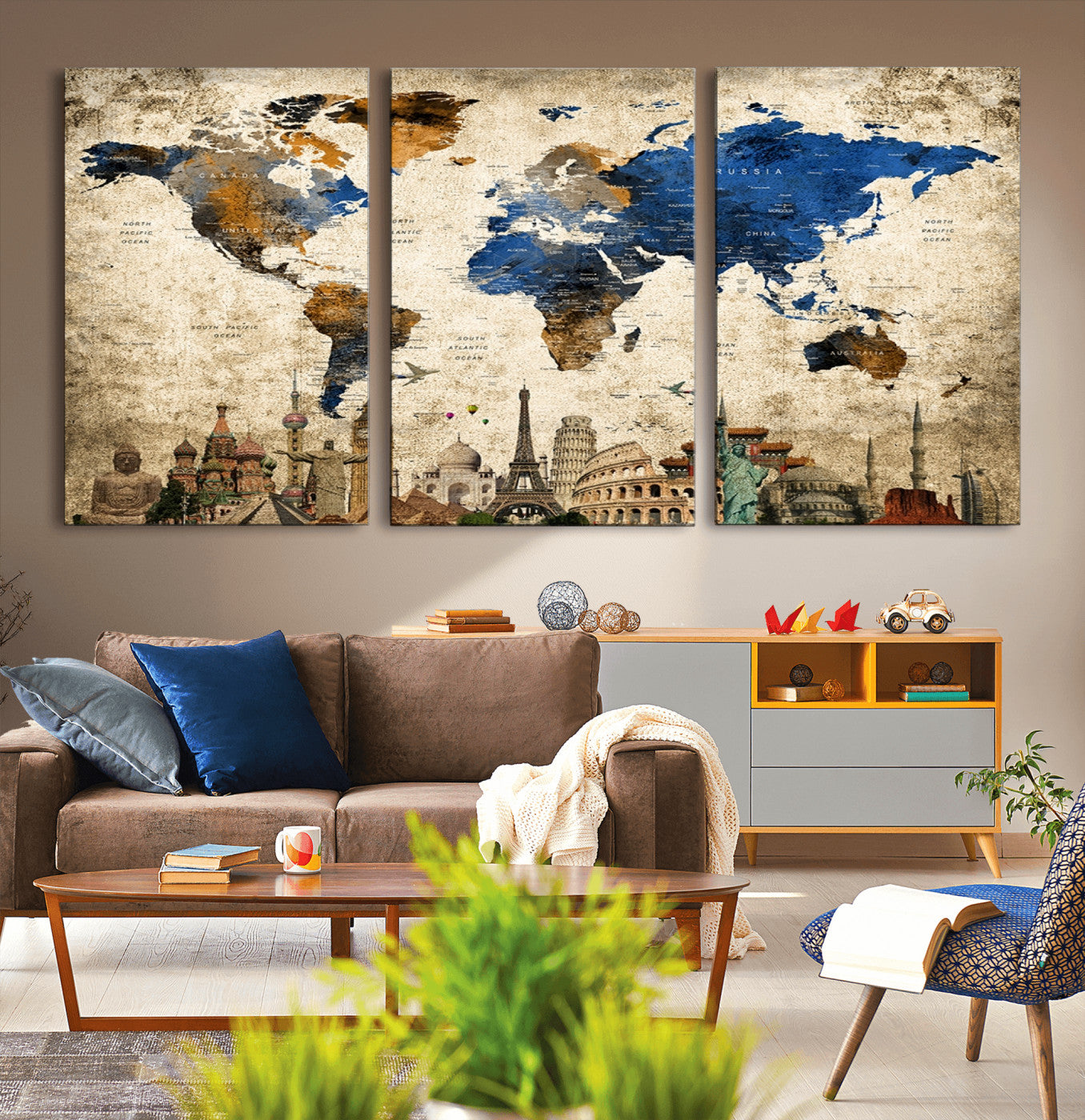 20261-MGV-CV-36X24-World Map Canvas Print – Vintage Blue and Gold World Map Wall Art, Framed Travel Inspired Decor for Living Room or Office