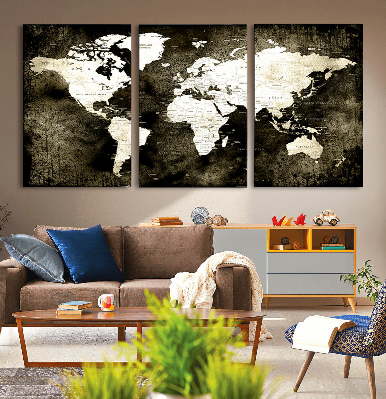 66737-MGV-CV-36X24-Vintage World Map Canvas Wall Art – Framed Push Pin Travel Map for Home and Office Decor, Rustic Wall Artwork for Travelers