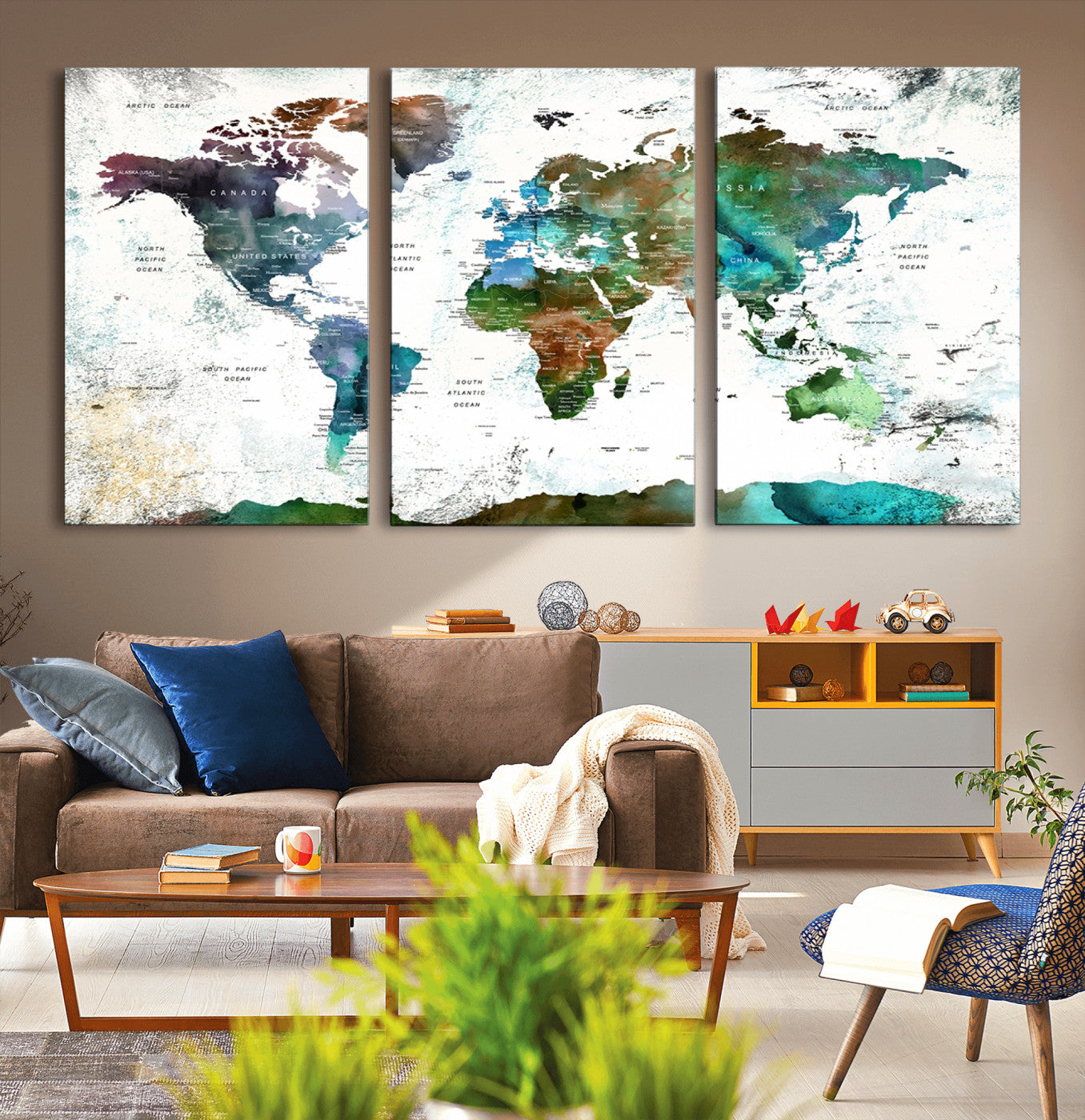13140-MGV-CV-36X24-Modern Watercolor World Map Canvas Wall Art – Framed Abstract Map Print, Contemporary Travel Artwork for Elegant Home and Office Decor