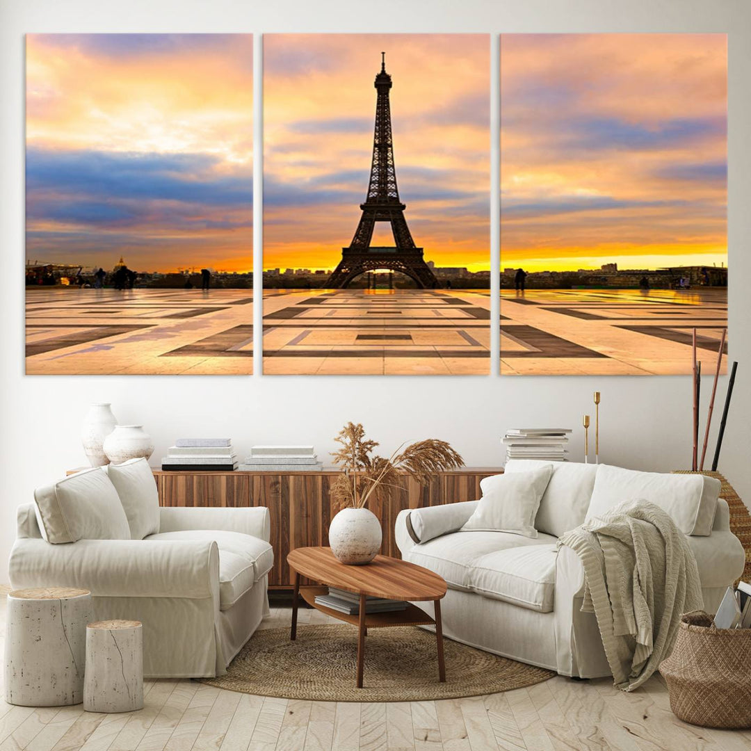 The "Paris Eiffel Tower Wall Art Canvas Prints" graces a wooden wall reminiscent of abstract expressionism.