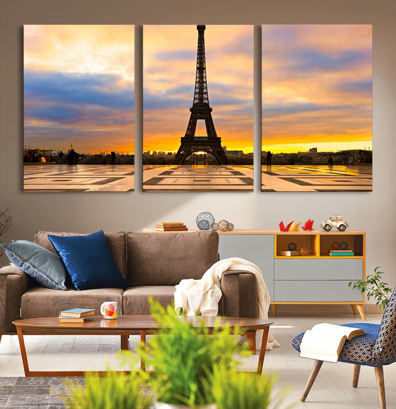 MGV-CV-60X30-3P - Paris Eiffel Tower Sunset Canvas Wall Art Print - Iconic Landmark Decor with Vibrant Colors