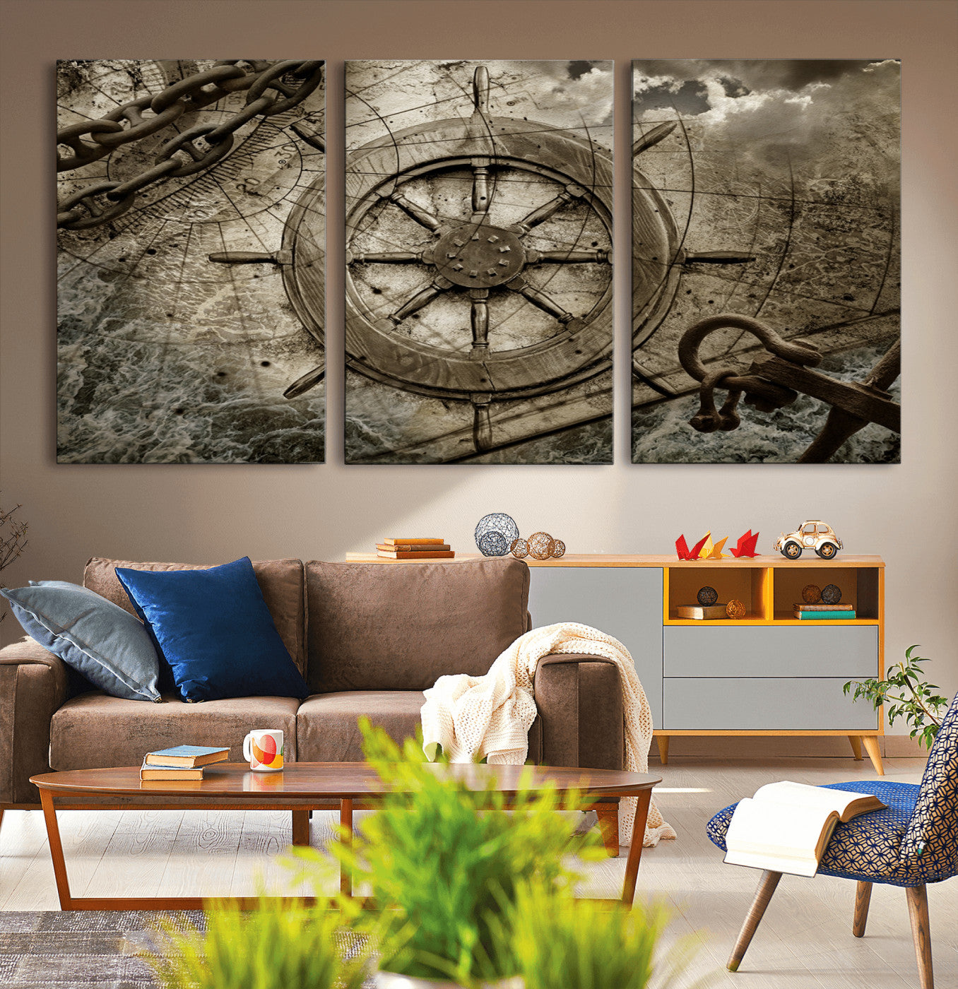 98180-MGV-CV-36X24-Wooden Ship Wheel Canvas Print, Multi Panel Canvas Wall Art Print