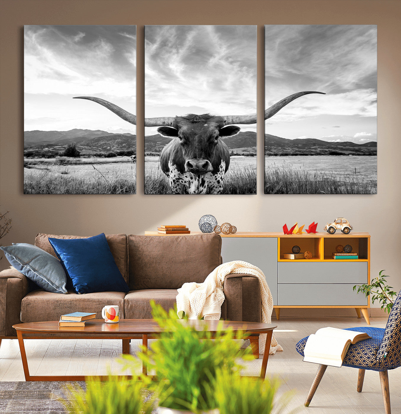 MGV-CV-60X30-3P - Longhorn Cow Wall Art Canvas Print Farmhouse Wall Art - Texas Longhorn Wall Art Print